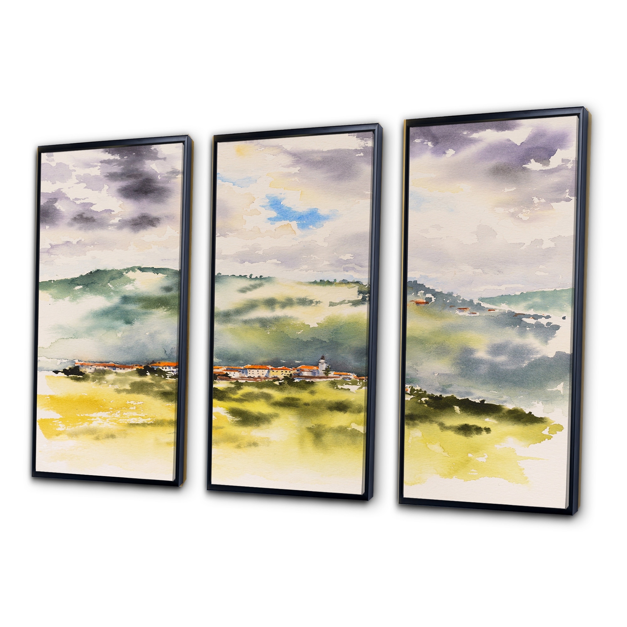 Designart "Vintage Little Mountain Town" French Country Framed Art Set of 3 - 4 Colors of Frames