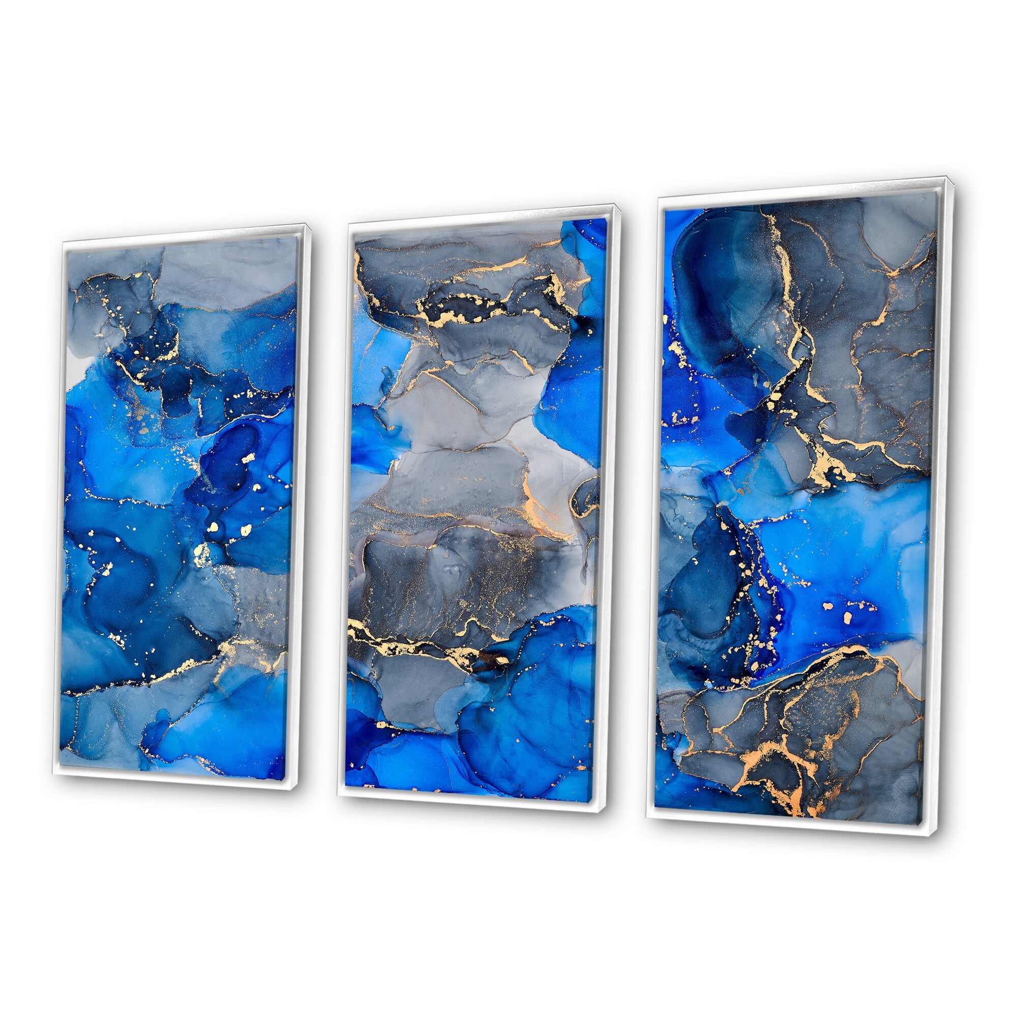 Designart "Blue And Grey Luxury Abstract Fluid Art V" Modern Framed Artwork Set of 3 - 4 Colors of Frames