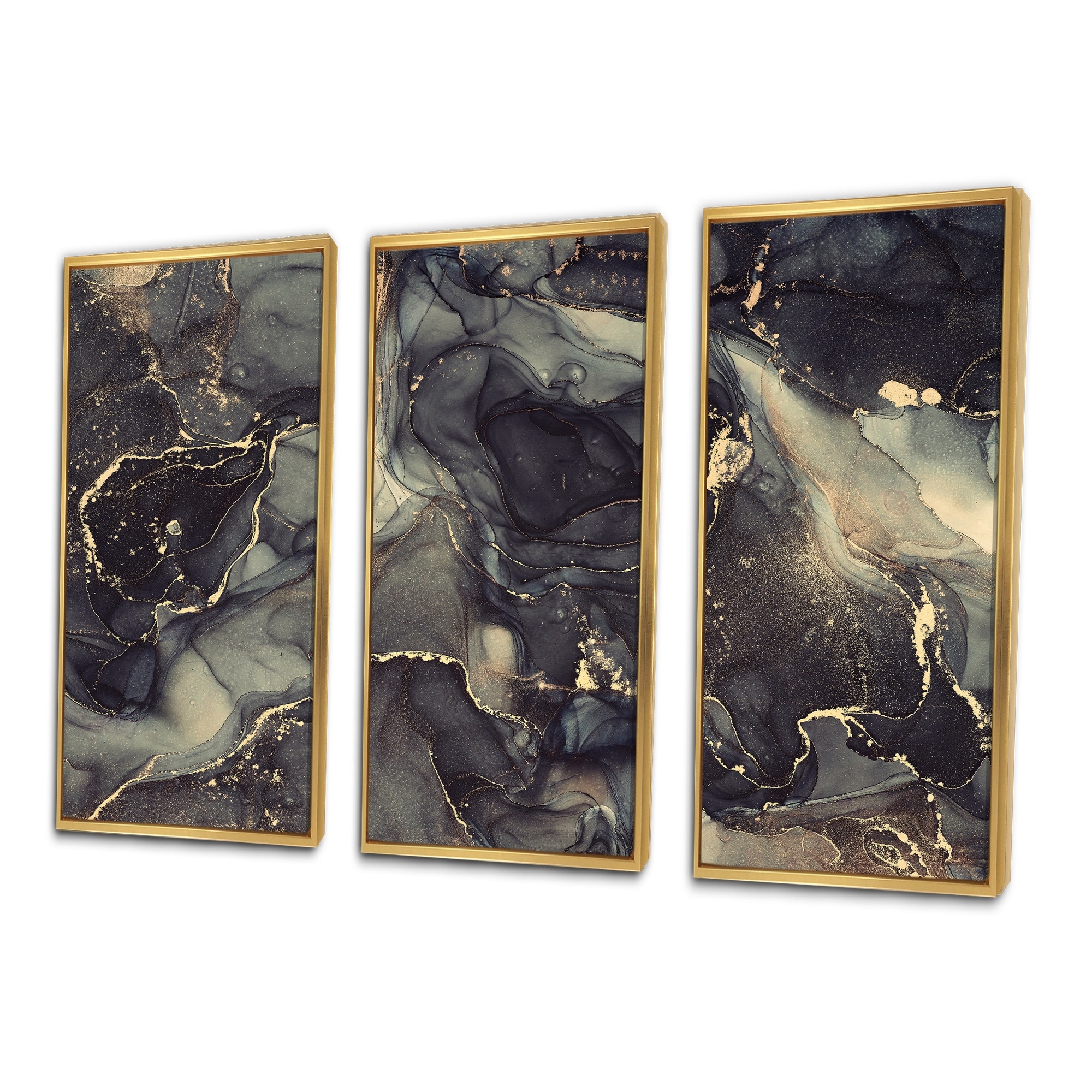 Designart "Black Gold Infused Liquid Art IV" Modern Framed Wall Art Set of 3 - 4 Colors of Frames