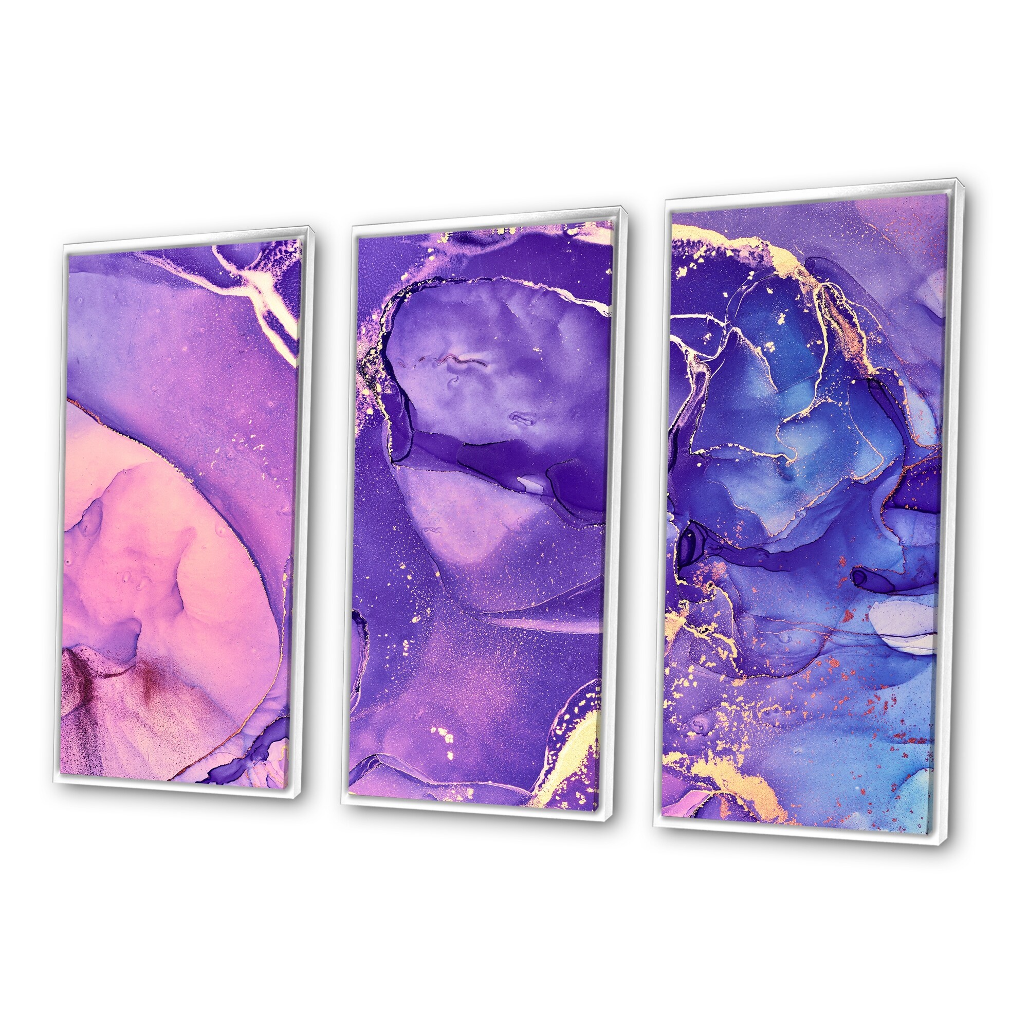 Designart "Purple And Blue Liquid Fuchia Art IX" Modern Framed Canvas Wall Art Set of 3 - 4 Colors of Frames