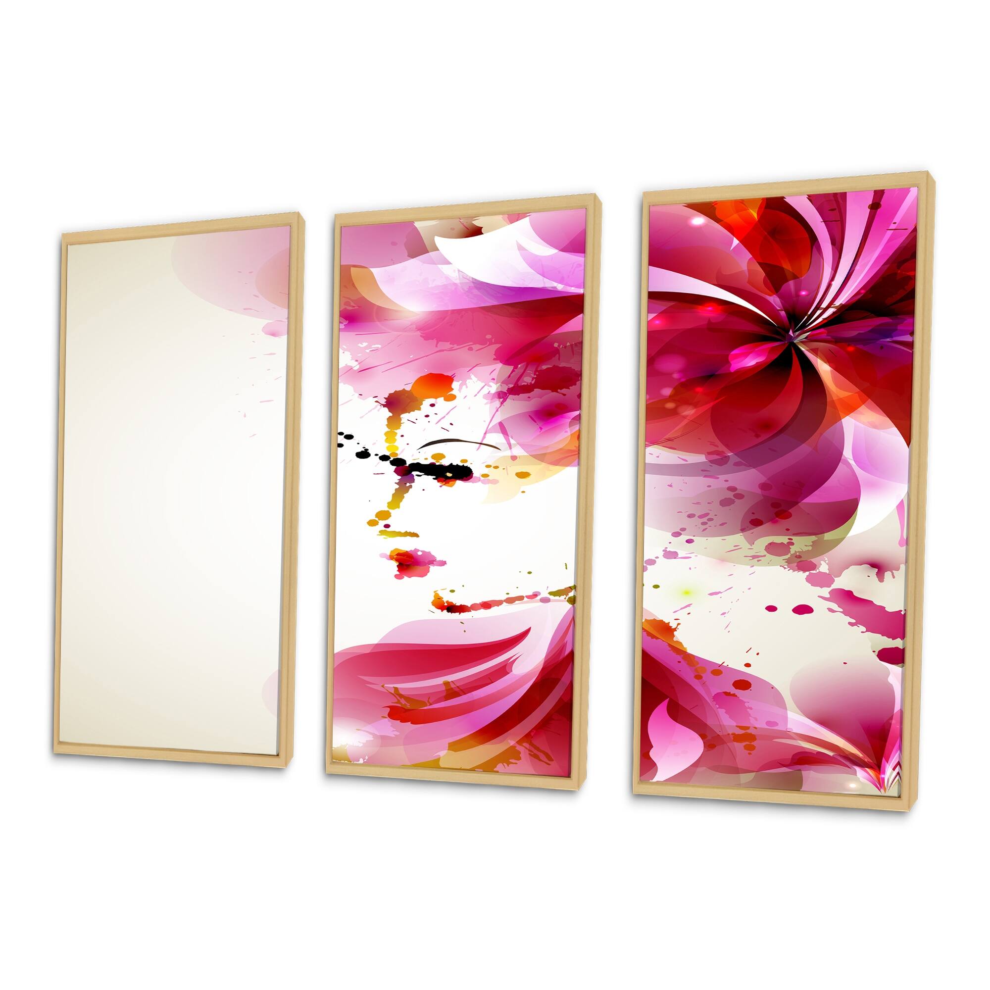 Designart "Fashion Woman with Abstract Hair" Abstract Framed Canvas Wall Art Print Set of 3 - 4 Colors of Frames