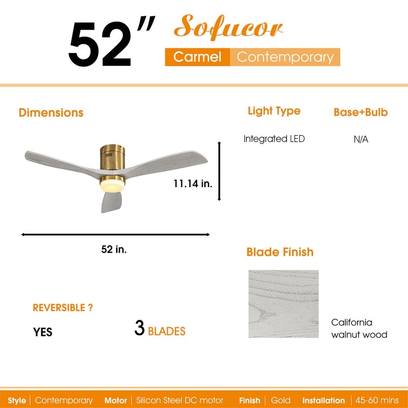 52" Modern Ceiling Fans with Integrated Light and Remote,Gold with Washed White Wood Blades