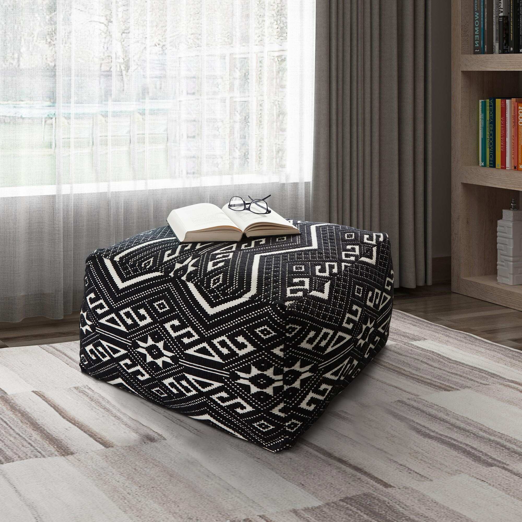 Ben 24 Inch Floor Pouf Ottoman, Cushioned Seat, Woven Cotton, Black, White