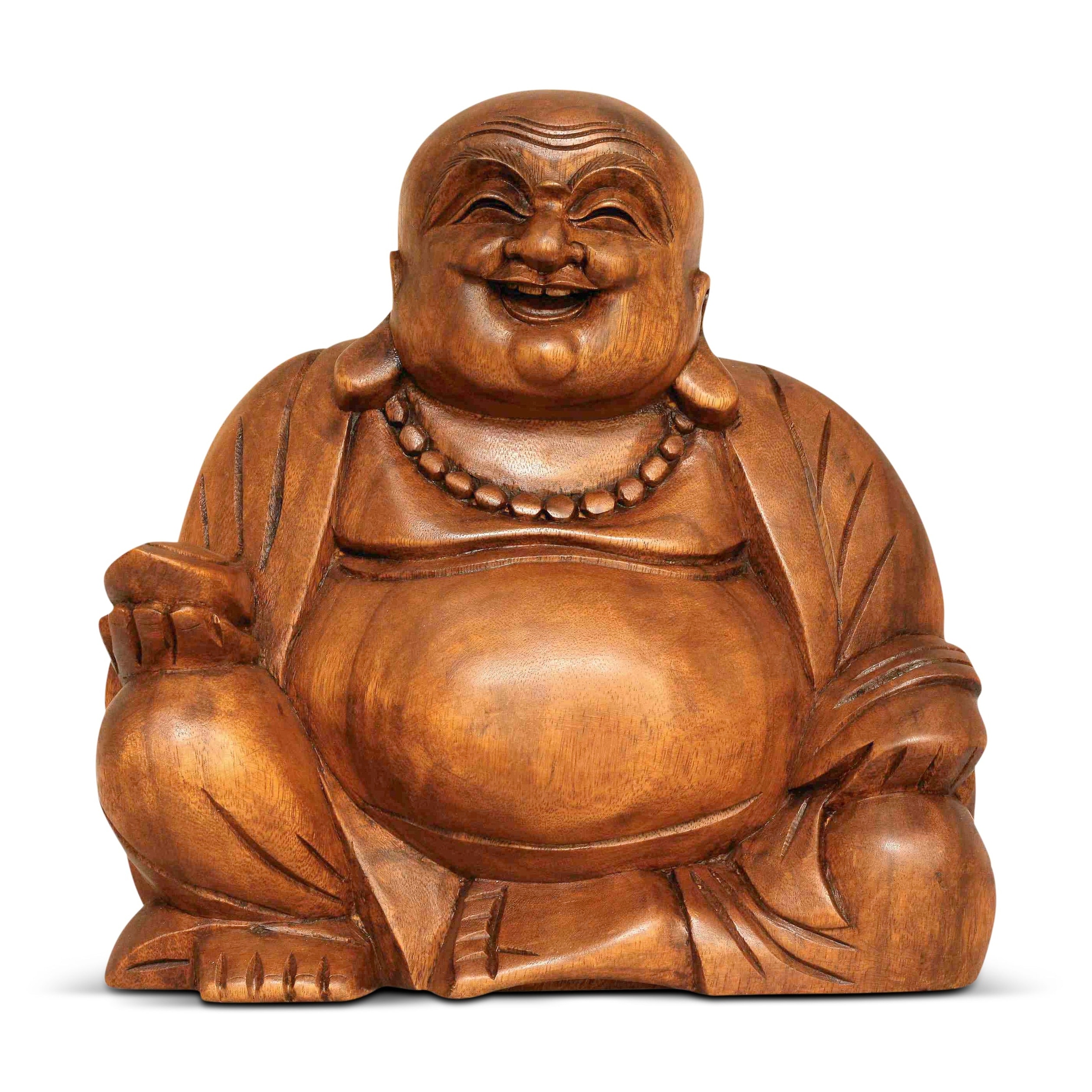 Wooden Laughing Happy Buddha Statue Hand Carved Smiling Sitting Sculpture Handmade Figurine Decorative Home Decor Handcrafted