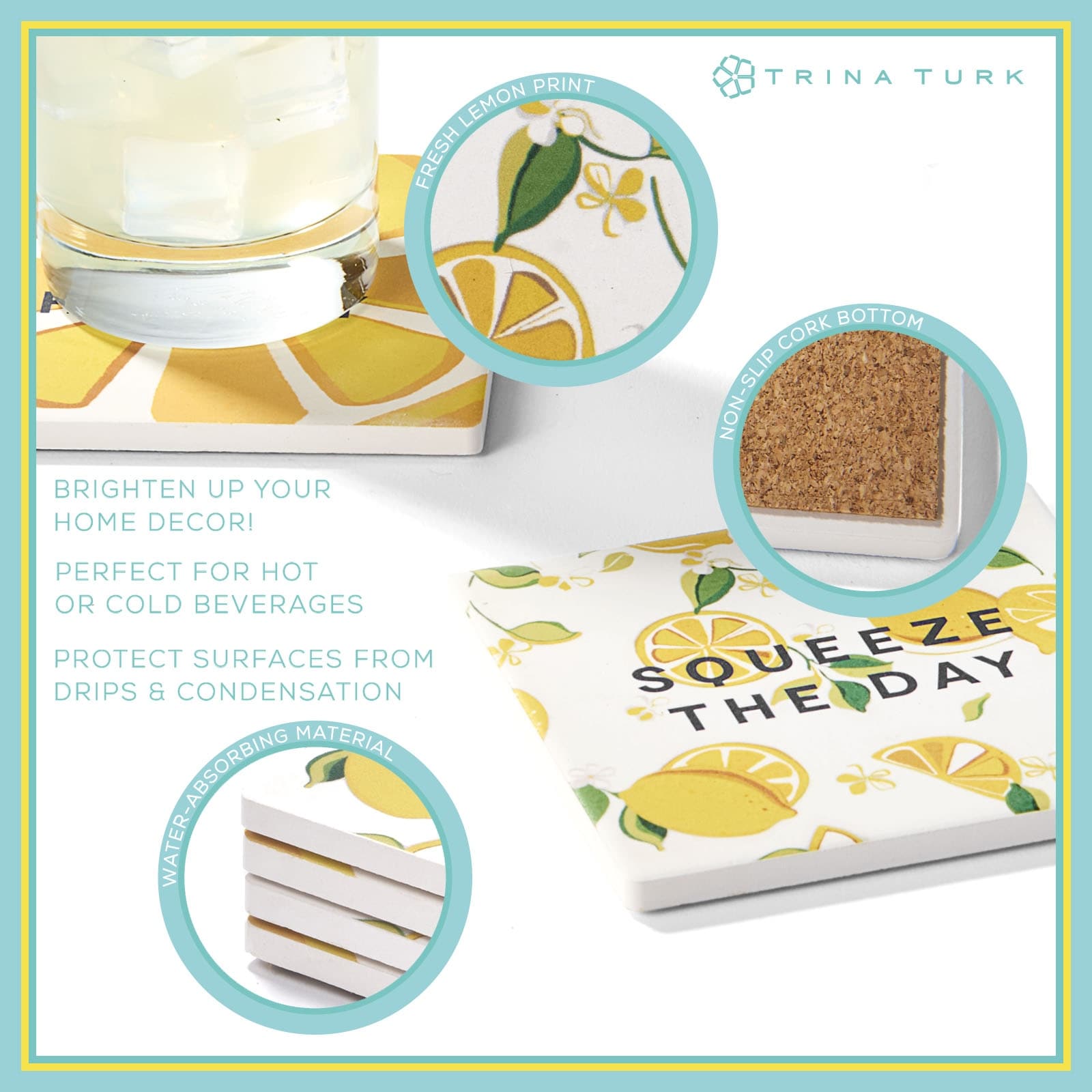 Trina Turk Ceramic Drink Absorbent Beverage Coasters Set of 4