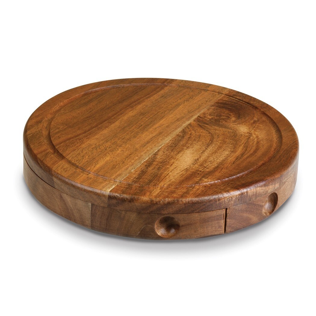 Curata Brie Acacia Wood Cheese Board with 3 Stainless Steel Cheese Tools Stored Inside