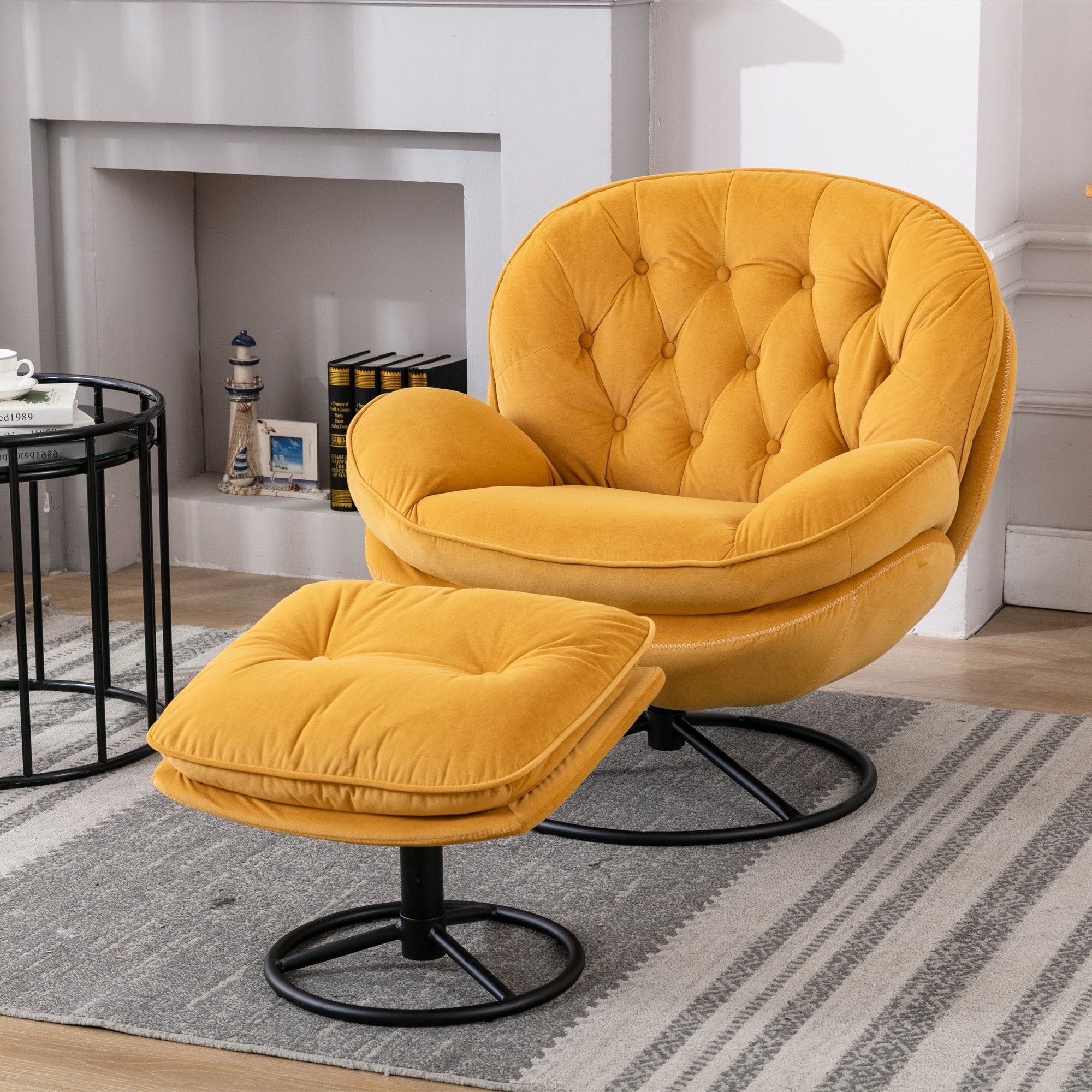 Velvet Upholstered Accent Chair TV Chair Living Room Swivel Leisure Chair with Chair & Ottoman Sets and Metal Frame