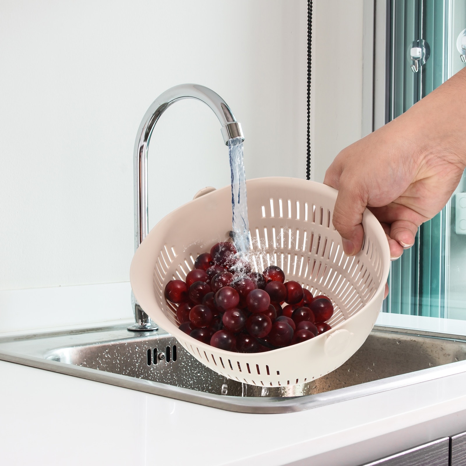 Kitchen Colander Rice Washing Bowl Plastic Vegetable Washing Basket-Beige - Beige