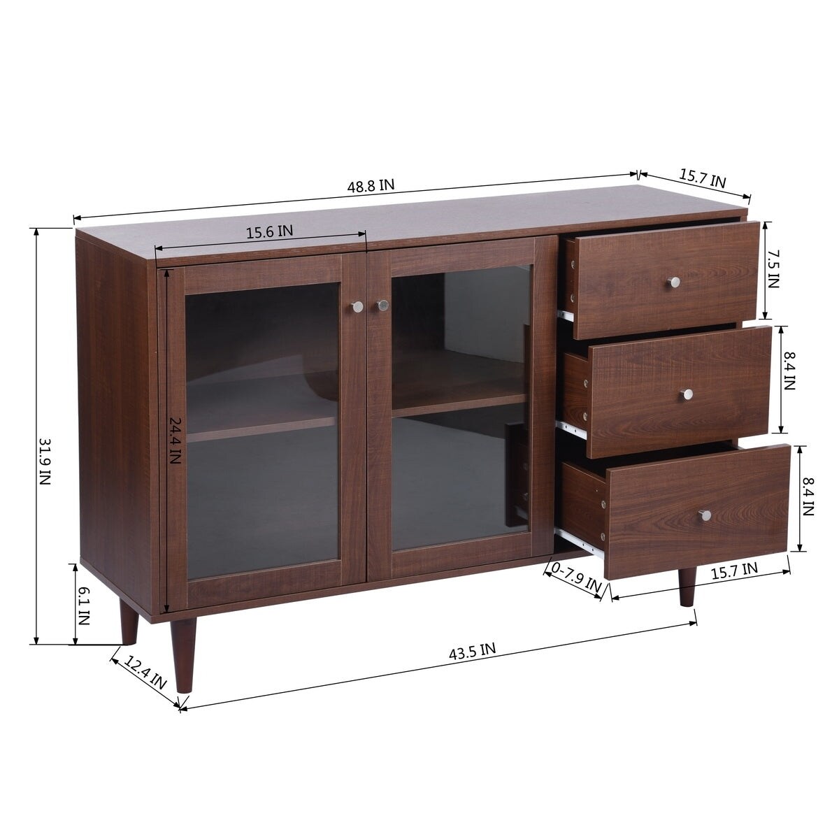 48-inch Wood Sideboard with Glass Door and 3 Drawers