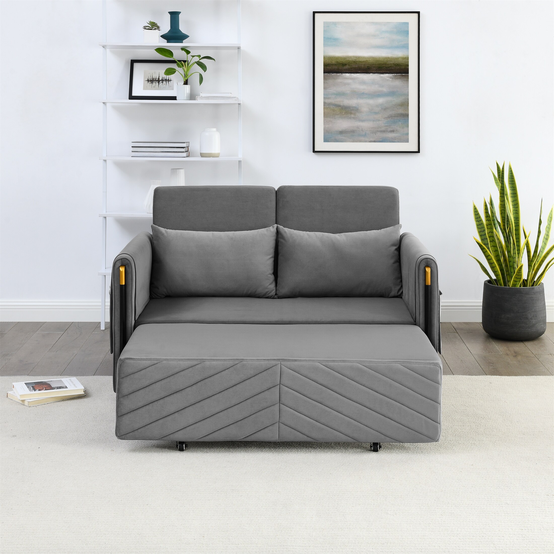 Convertible Sofa Velvet Loveseat Pull Out Bed Adjustable Back Grey