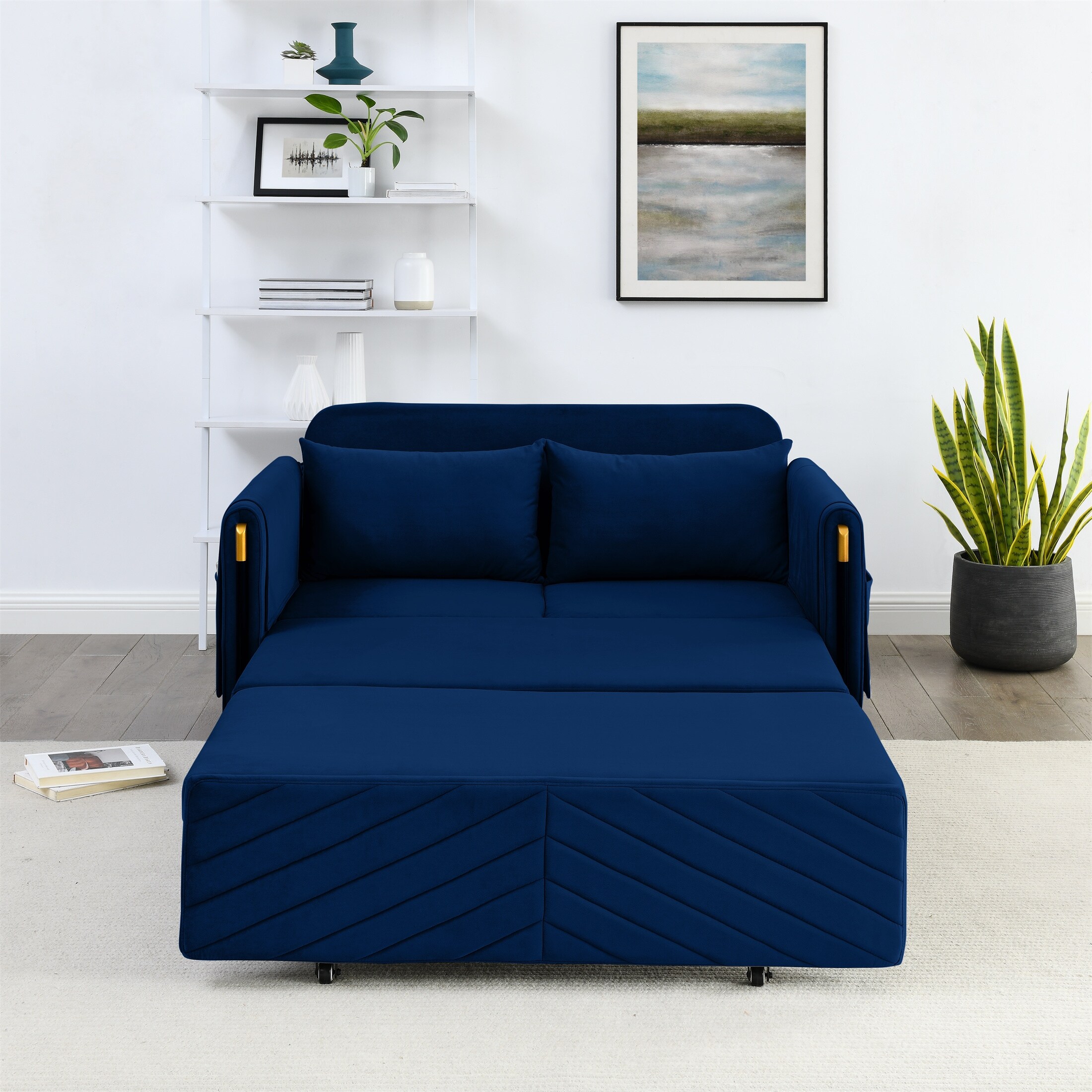 Convertible Sofa Velvet Loveseat Pull Out Bed Adjustable Back Blue