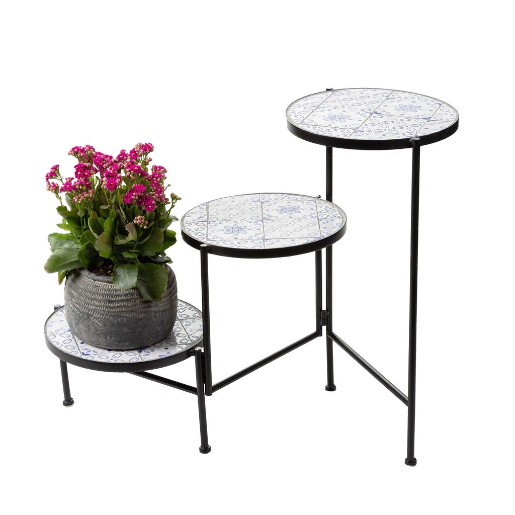 HomeView Design 33.7" L Round Multicolor Ceramic/Metal Folding Plant Stand w/3 Tiers, Indoor Outdoor Plant Holder