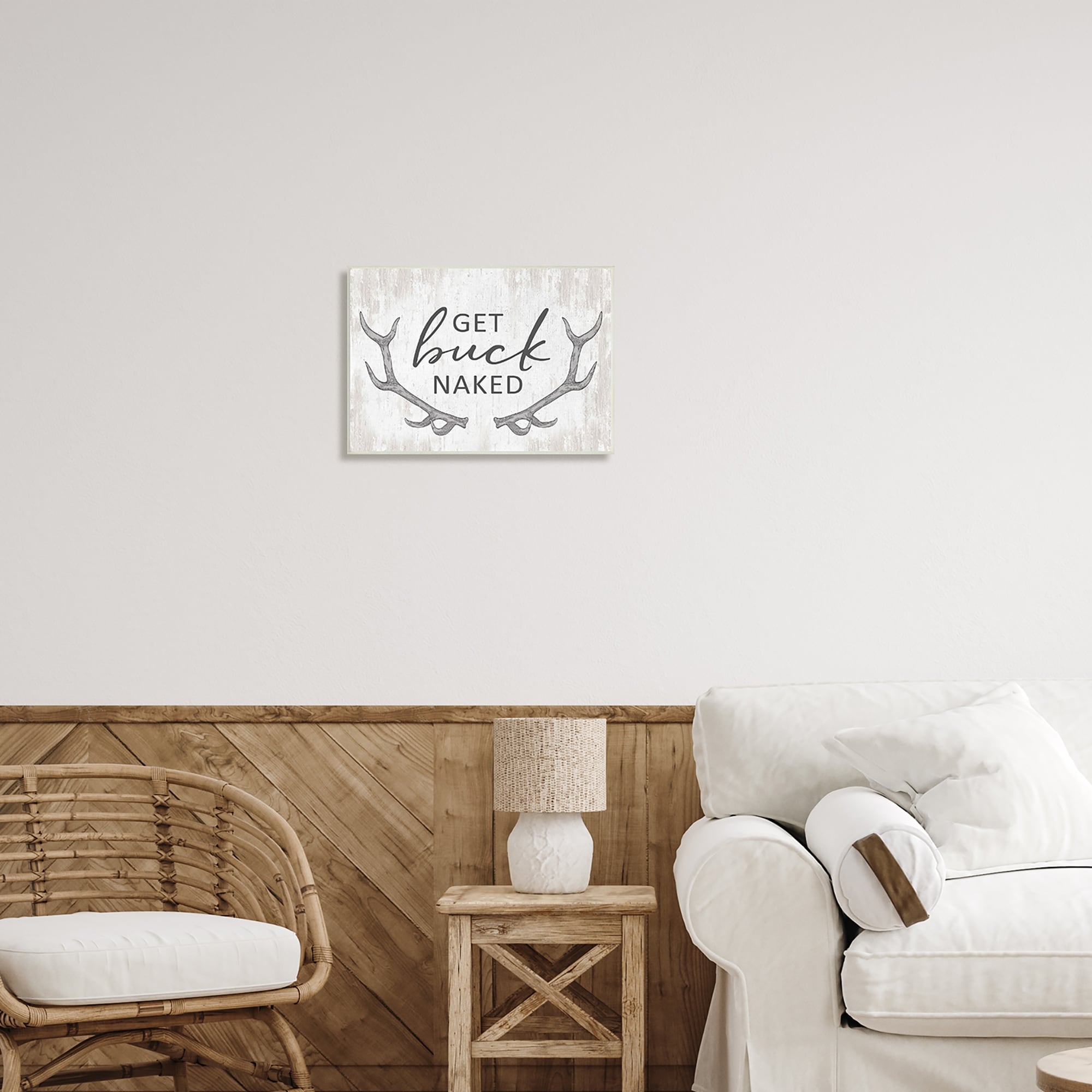 Stupell Get Buck Naked Witty Rustic Animal Antlers Wood Wall Art, Design by Lettered and Lined - Off-White