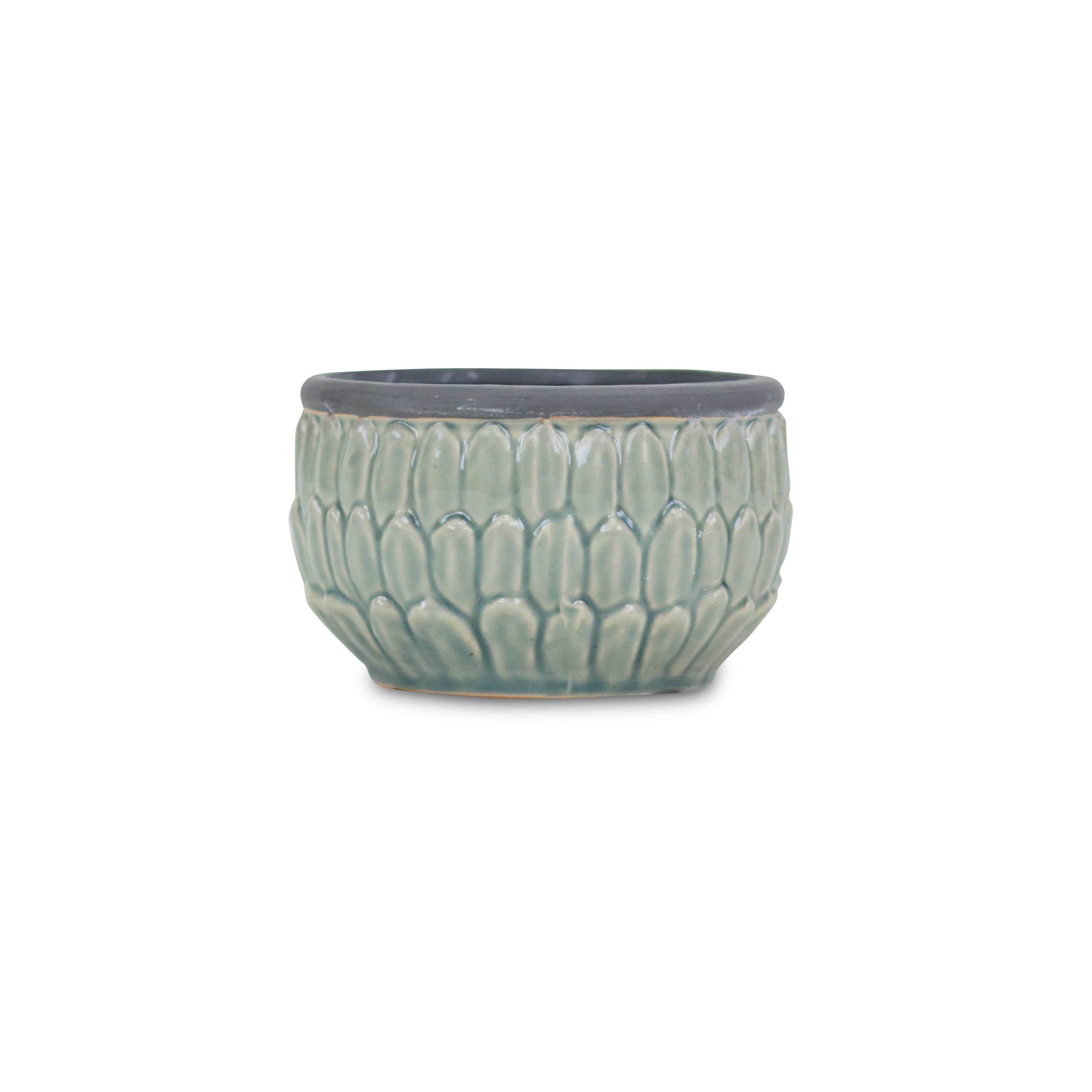 Blue Ceramic Round Pot with an Overlapping Leaf Pattern