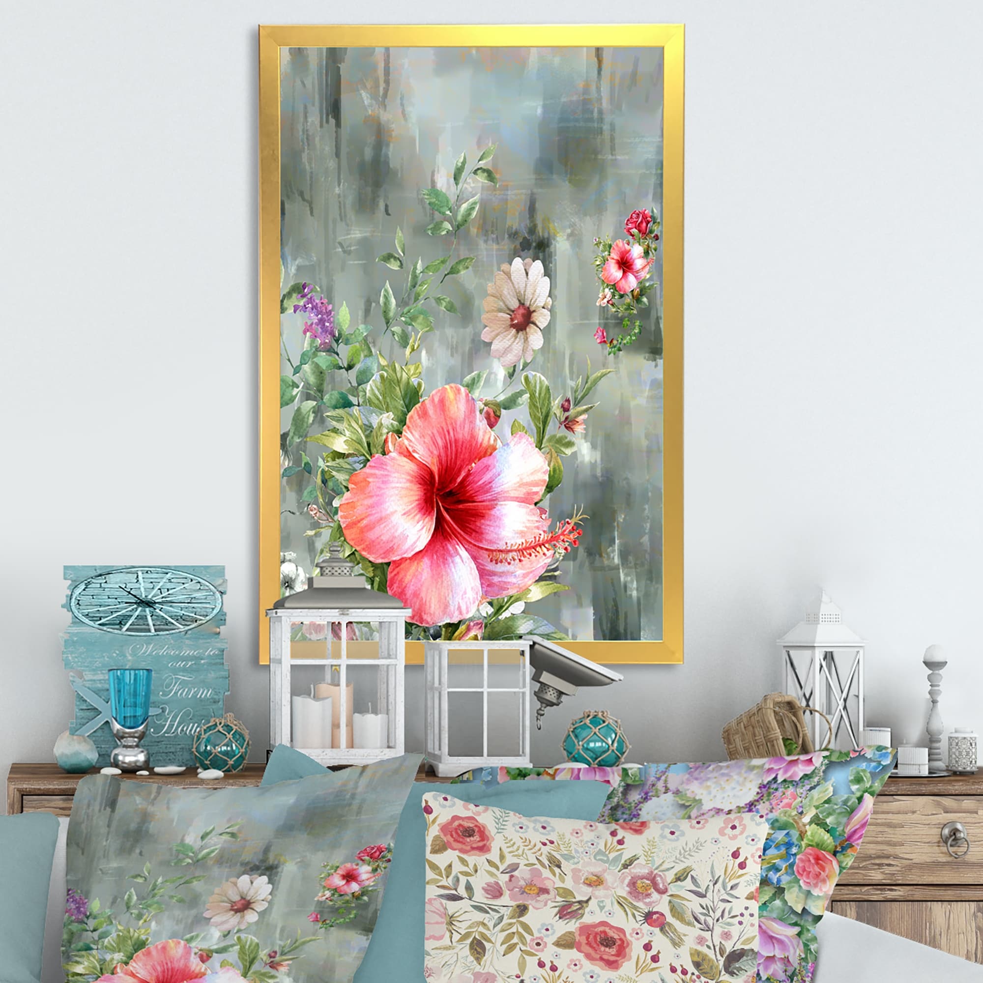 Designart "Grunge Pink Grey Summer Flowers VII" Traditional Framed Wall Decor