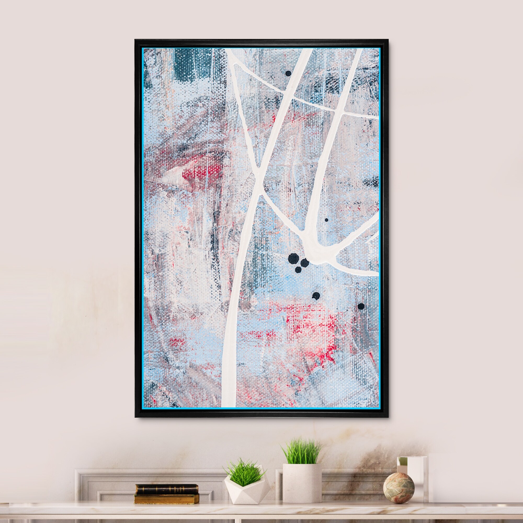 Designart "White Paint Splatters On Grunge Blue" Modern Framed Canvas artwork