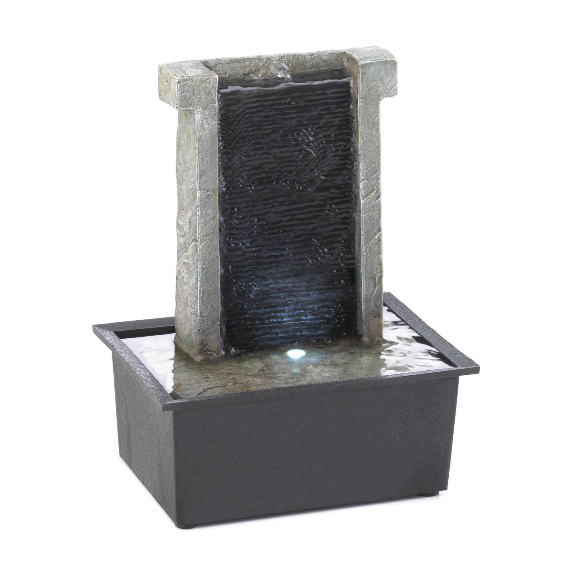 9.75" Black Stone Wall Contemporary LED Lighted Tabletop Fountain