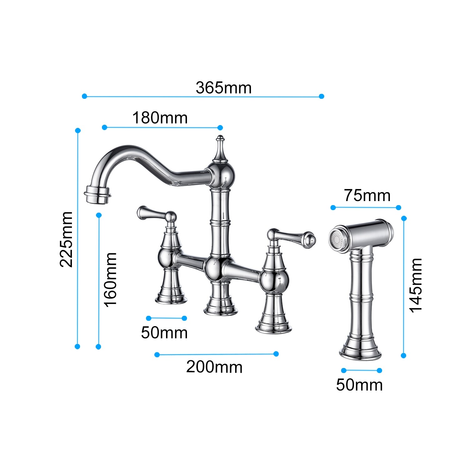 Two-Handles Bridge Kitchen Faucet with Side Sprayer