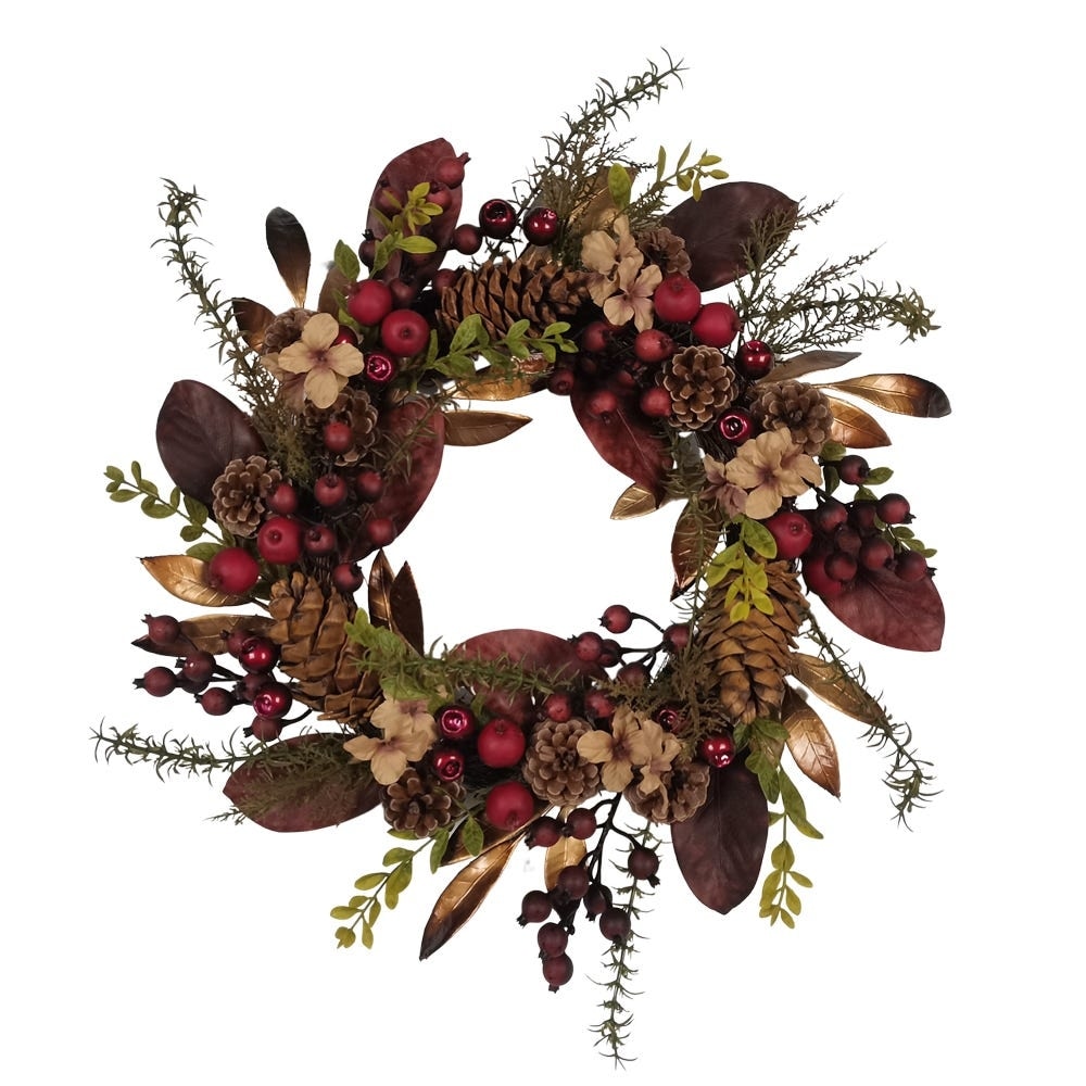 Kurt Adler 24-Inch Berries and Pinecone Burgundy Rattan Wreath - Multicolored