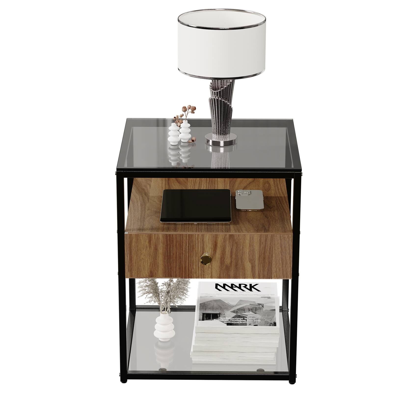Modern Single-Drawer Glass End Table Bedside Nightstand Storage Table - 17" W x 17" L x 21.3" H