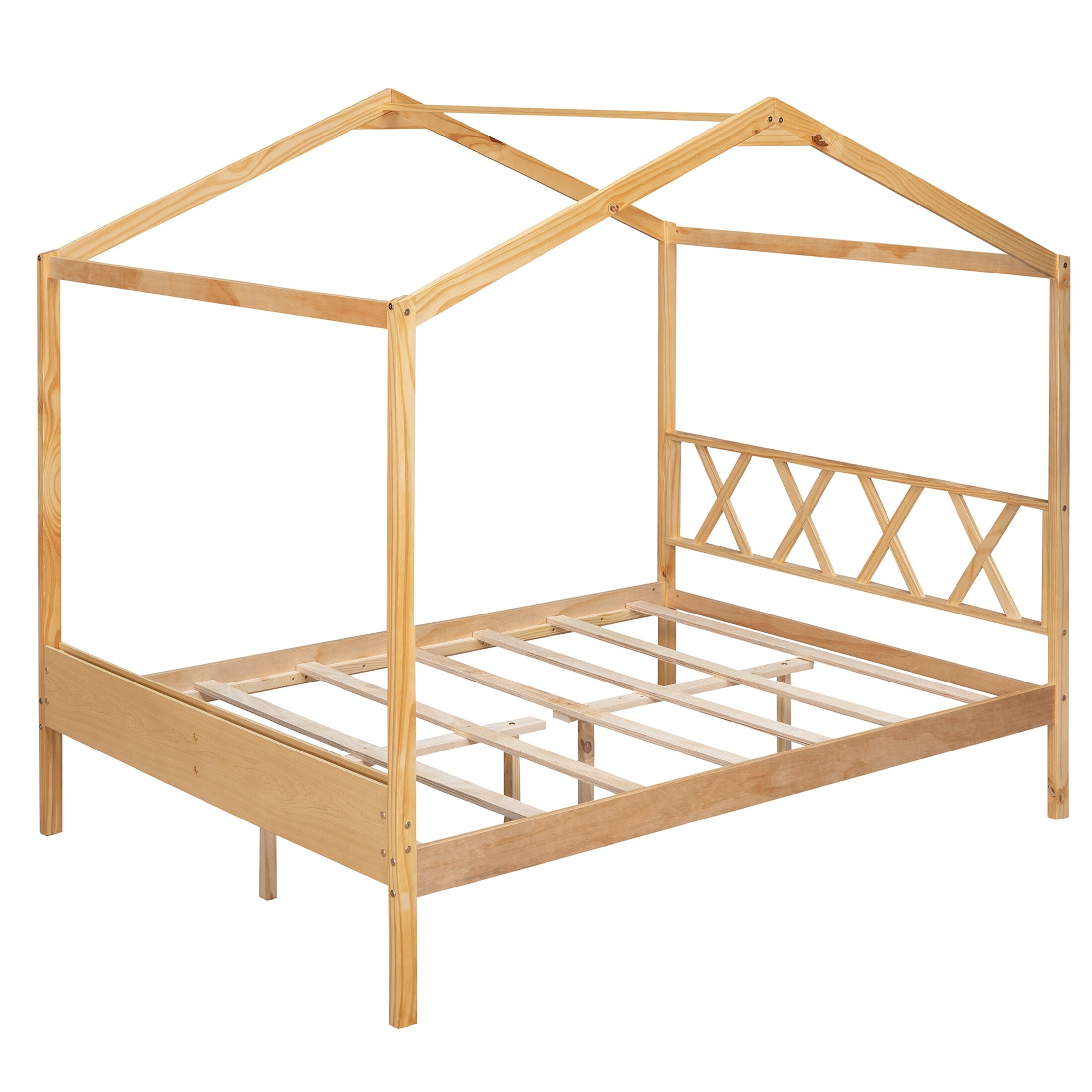 Natural Full Size Wood House Bed with Storage Space Kids Bed