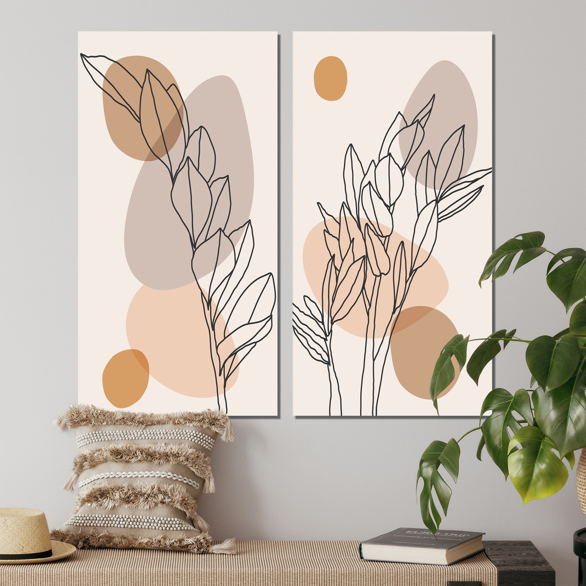 Designart 'Beige Botanical Abstract Leaves II' Floral Set of 2 Pieces