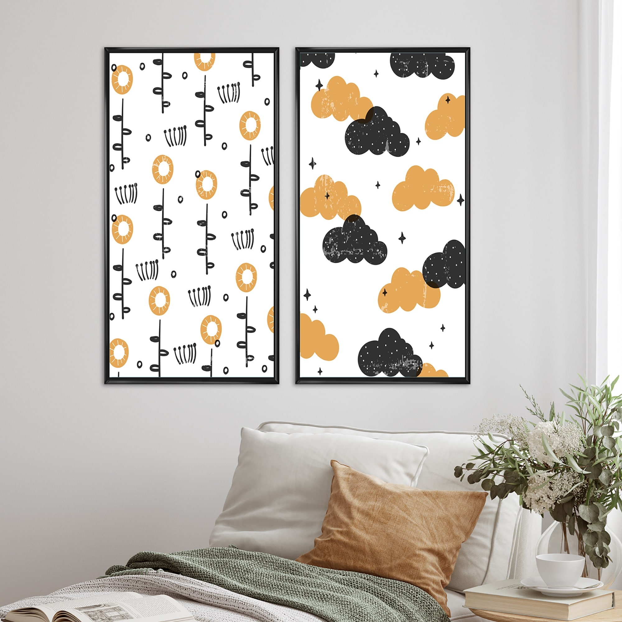Designart "Retro Color Primitive Shapes With Clouds I" Abstract Framed Art Set of 2 Pieces