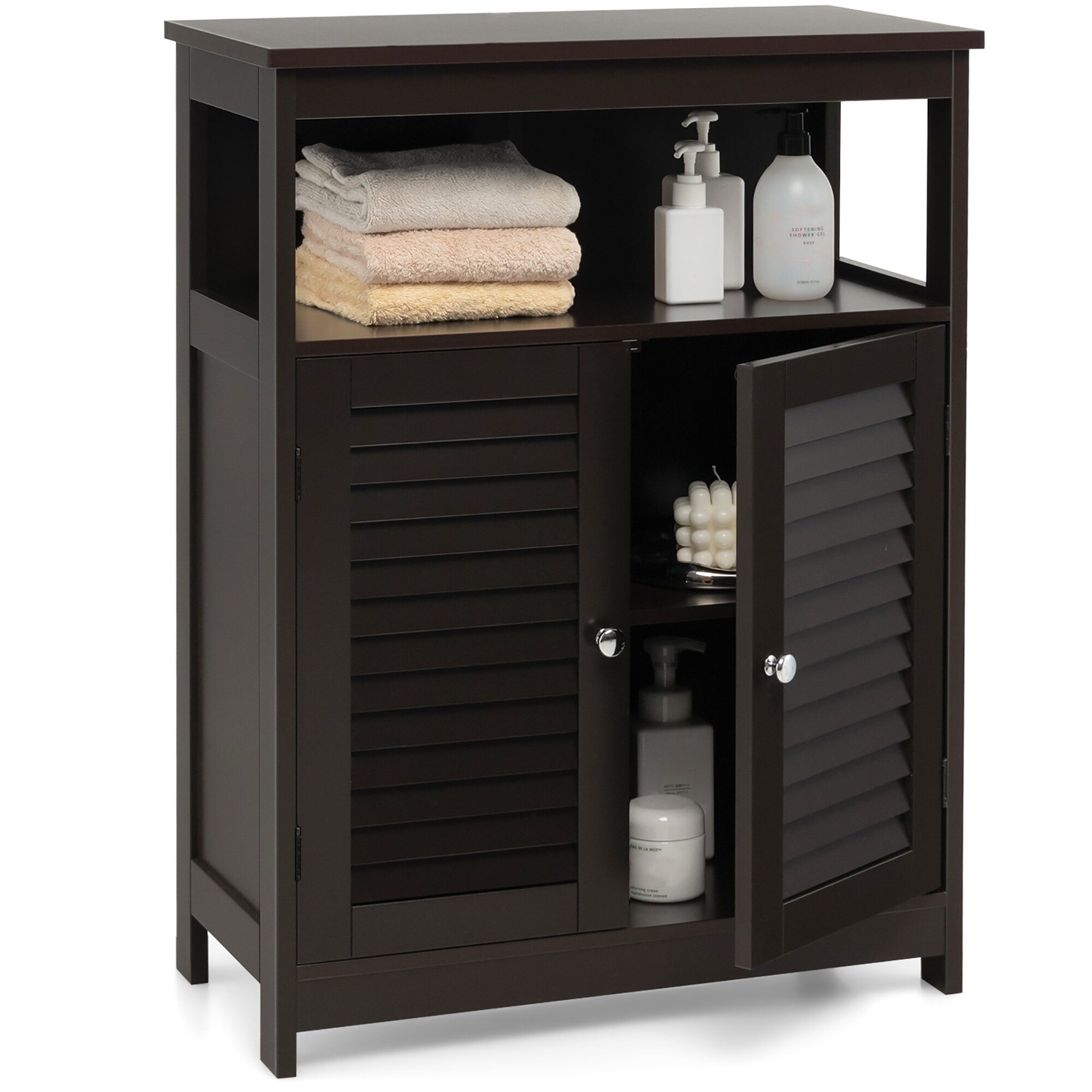 Costway Bathroom Storage Cabinet Wood Floor Cabinet w/Double Shutter