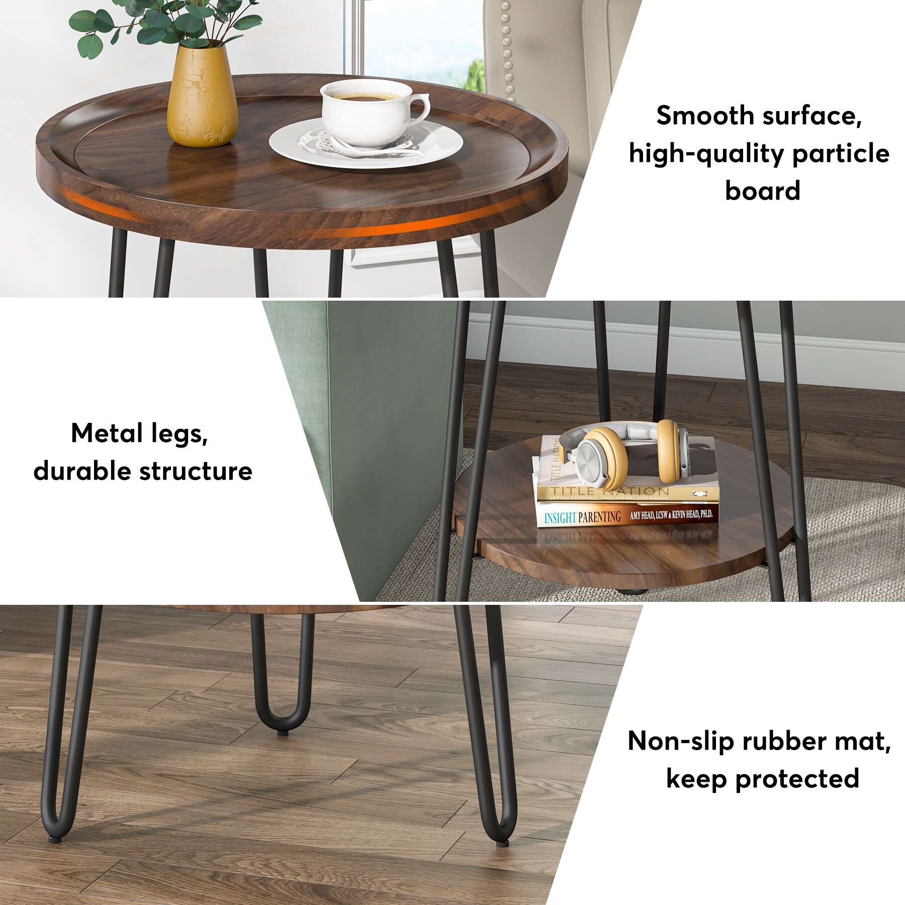 2-Tier Round Side Table, Wooden End Table with Metal Legs - wood