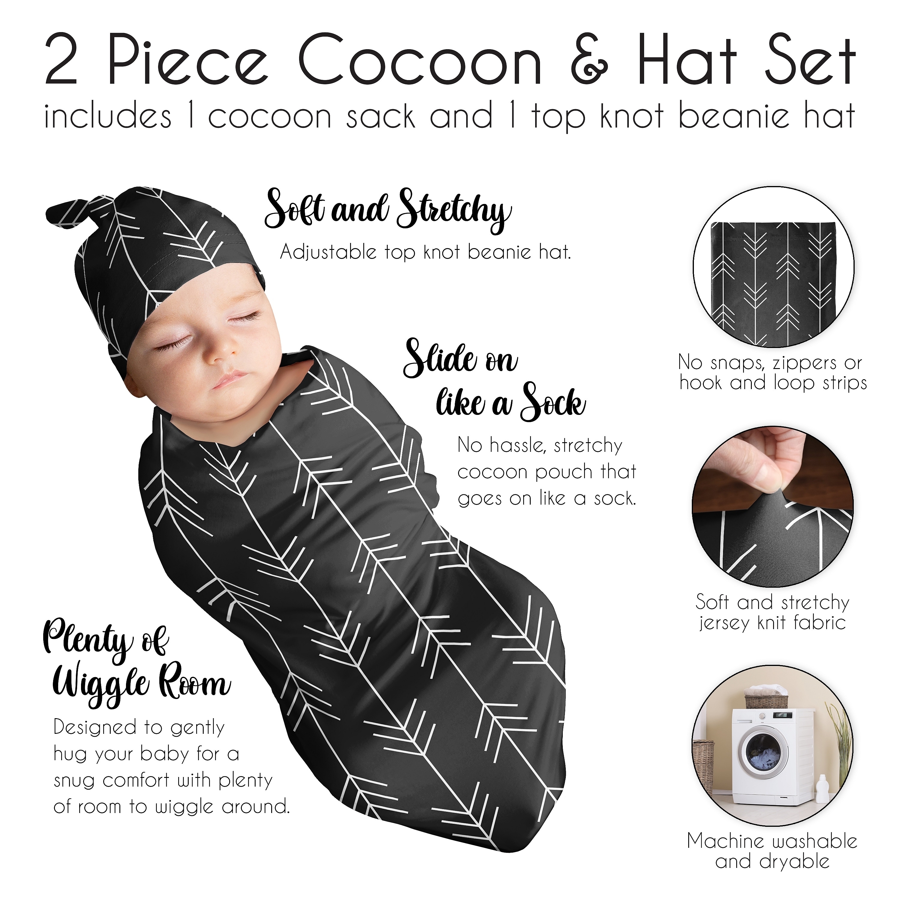 Black and White Woodland Arrow Baby Cocoon and Beanie Hat Sleep Sack 2pc Set White and Black Gender Neutral Forest Rustic Patch
