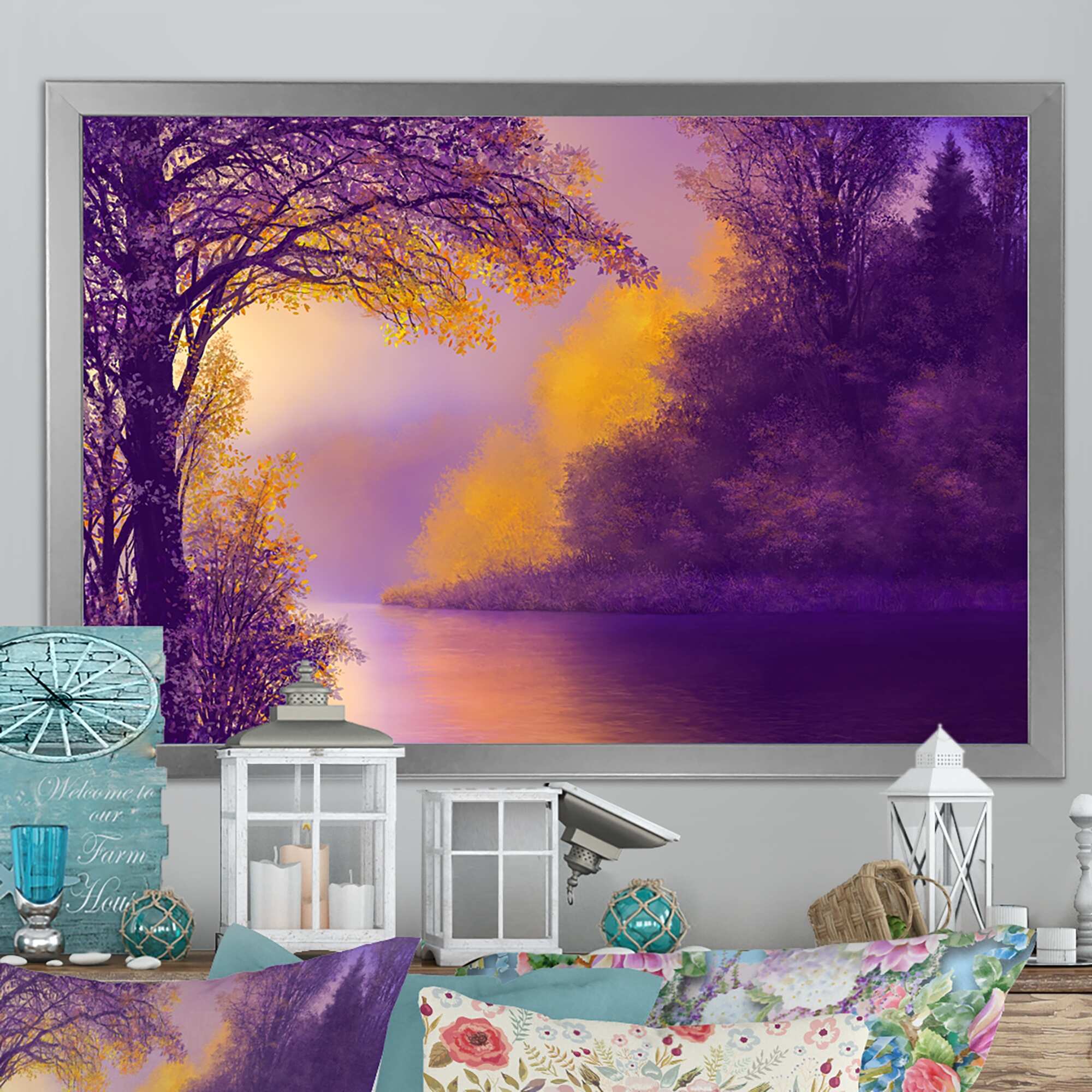 Designart "Purple Fall Forest On Lake" Traditional Framed artwork