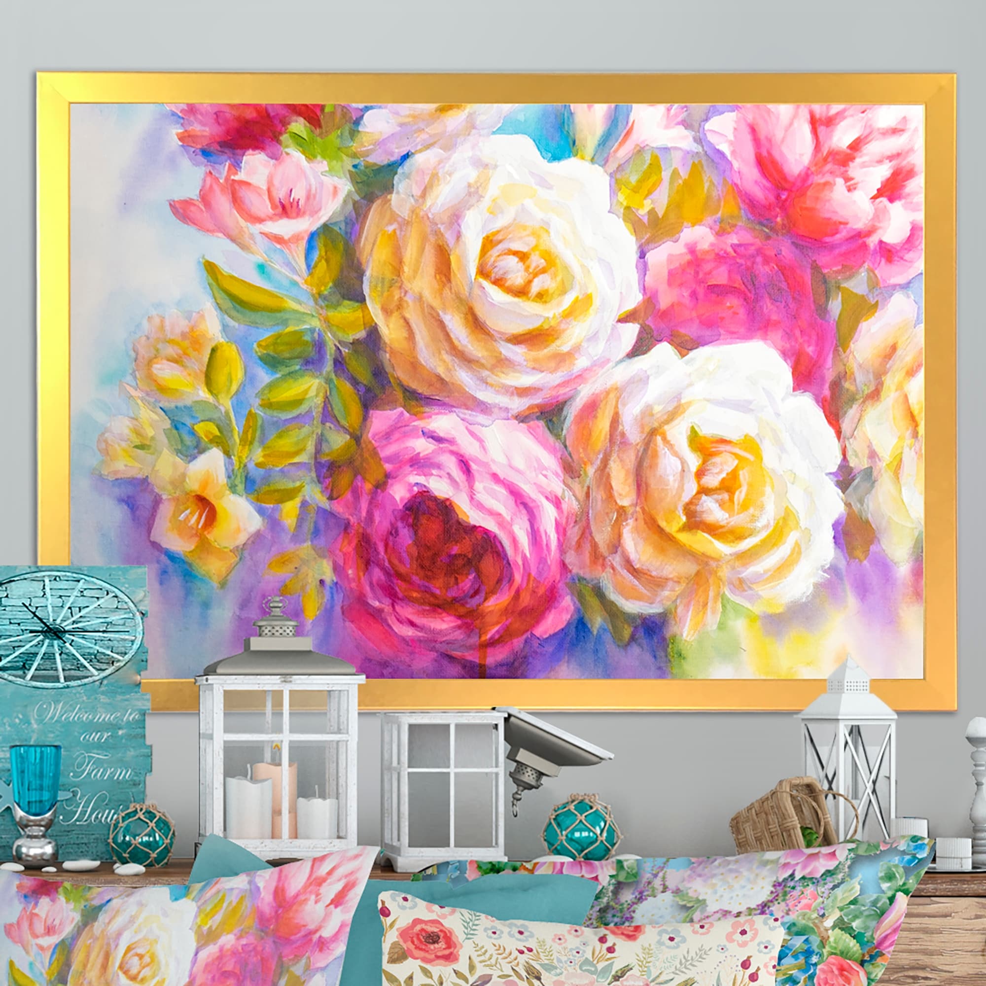 Designart "Peonies And Roses Bouquet II" Farmhouse Framed Art Print