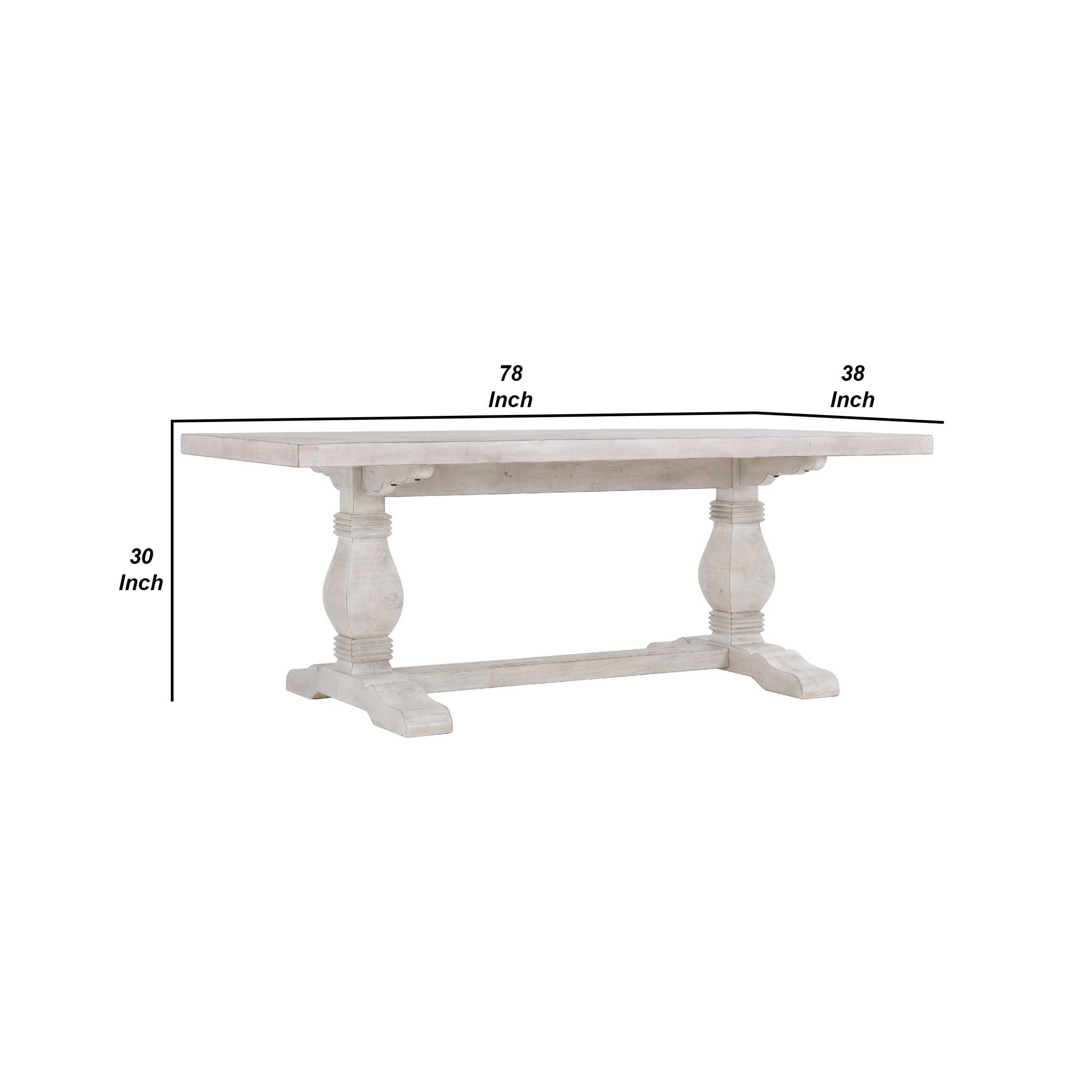 Kai 78 Inch Reclaimed Pine Dining Table, Double Turned Pedestals, White