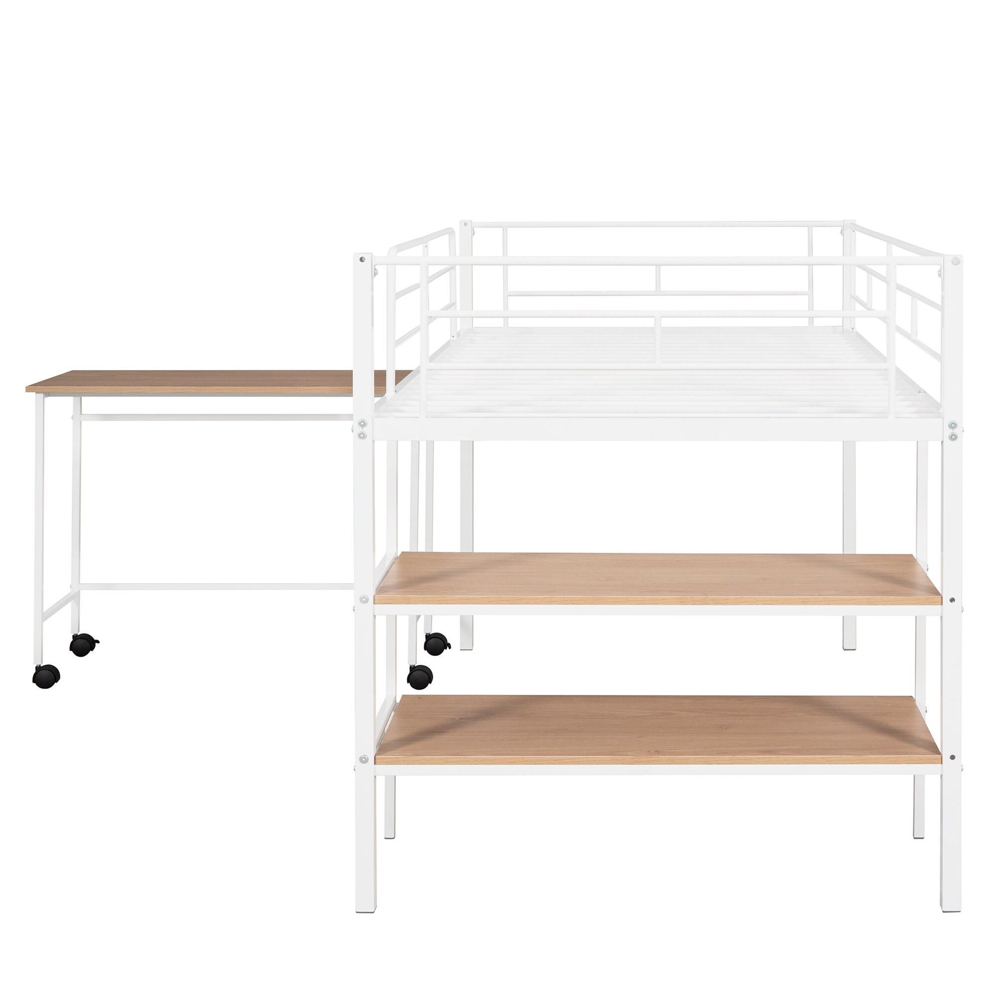 Twin Size Metal Loft Bed Bedroom Kids' Beds with Rolling Desk and Two shelves