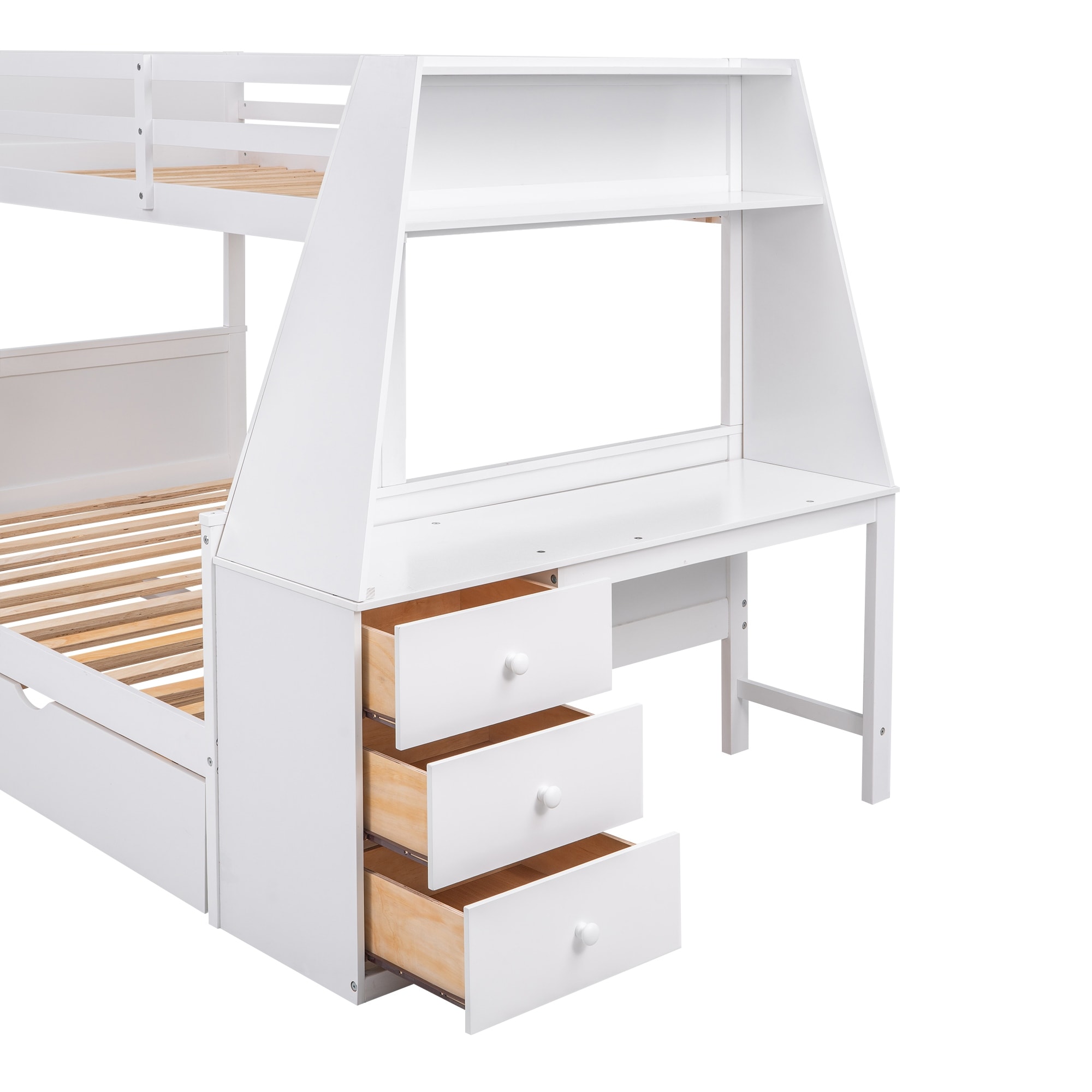 Twin over Full Bunk Bed Wood Frame Kids' Beds Pull-out Trundle Bed with Desk & Drawers