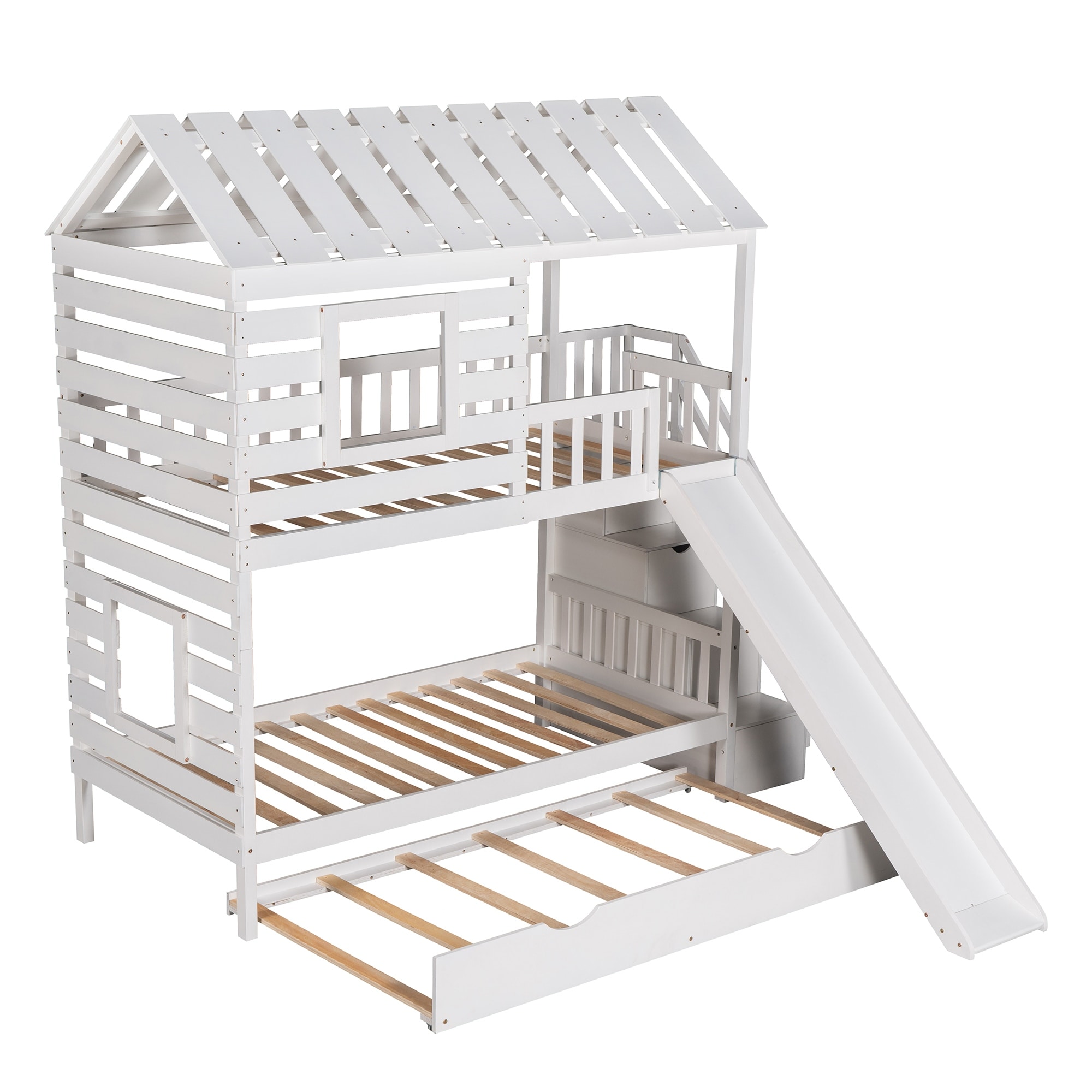 Twin over Twin White House Bunk Bed with Trundle and Slide, Storage Staircase, Roof and Window Design Suitable for Bedroom