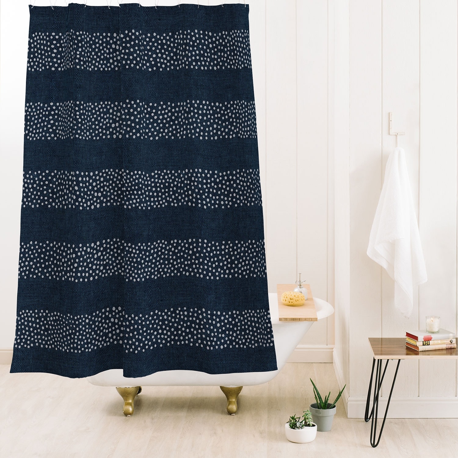 Little Arrow Design Co Angrand Stipple Stripes Navy Made to Order Shower Curtain 71" x 74" with Liner - 71" x 74"