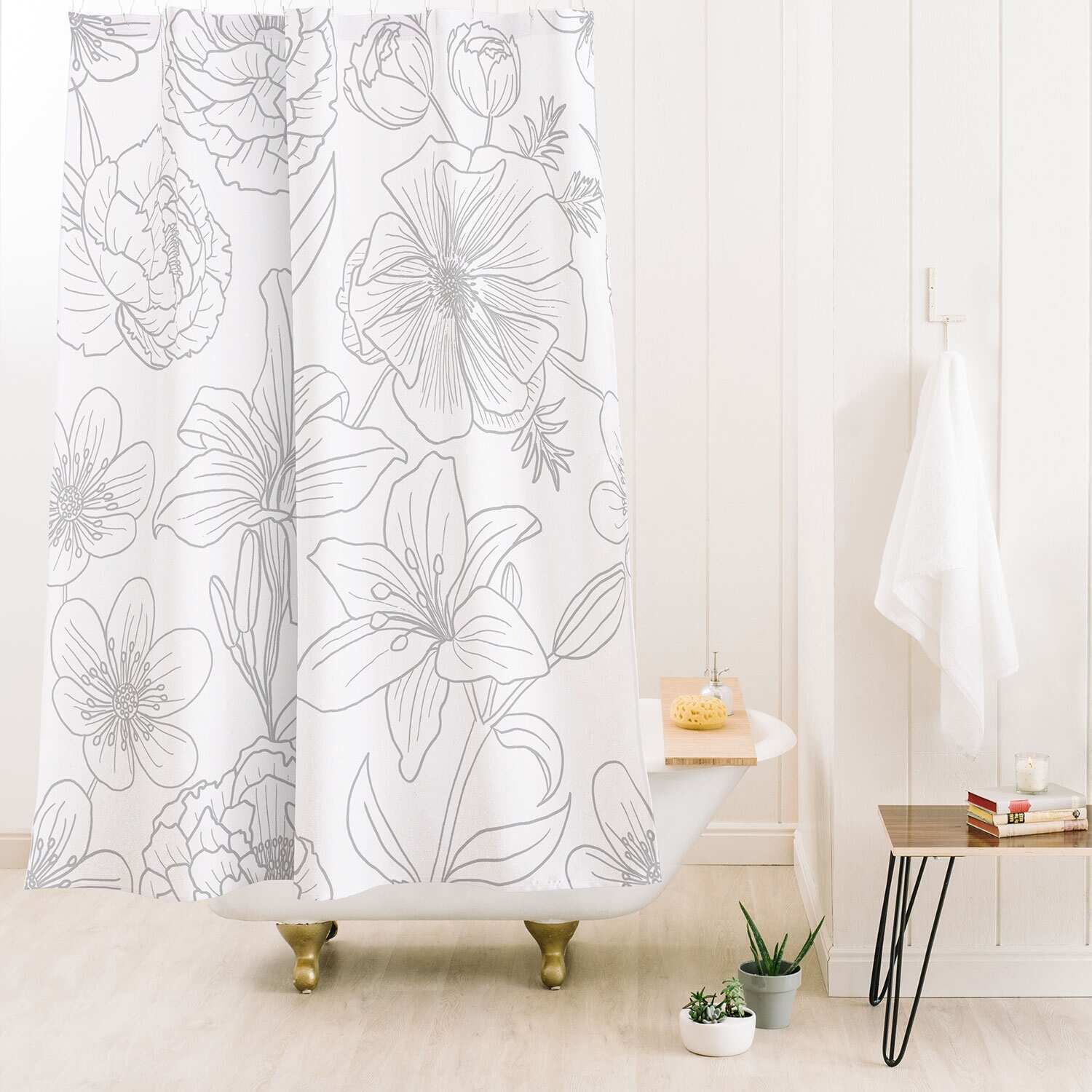 Emanuela Carratoni Line Art Floral Theme Made to Order Shower Curtain 71" x 74" with Liner - 71" x 74"