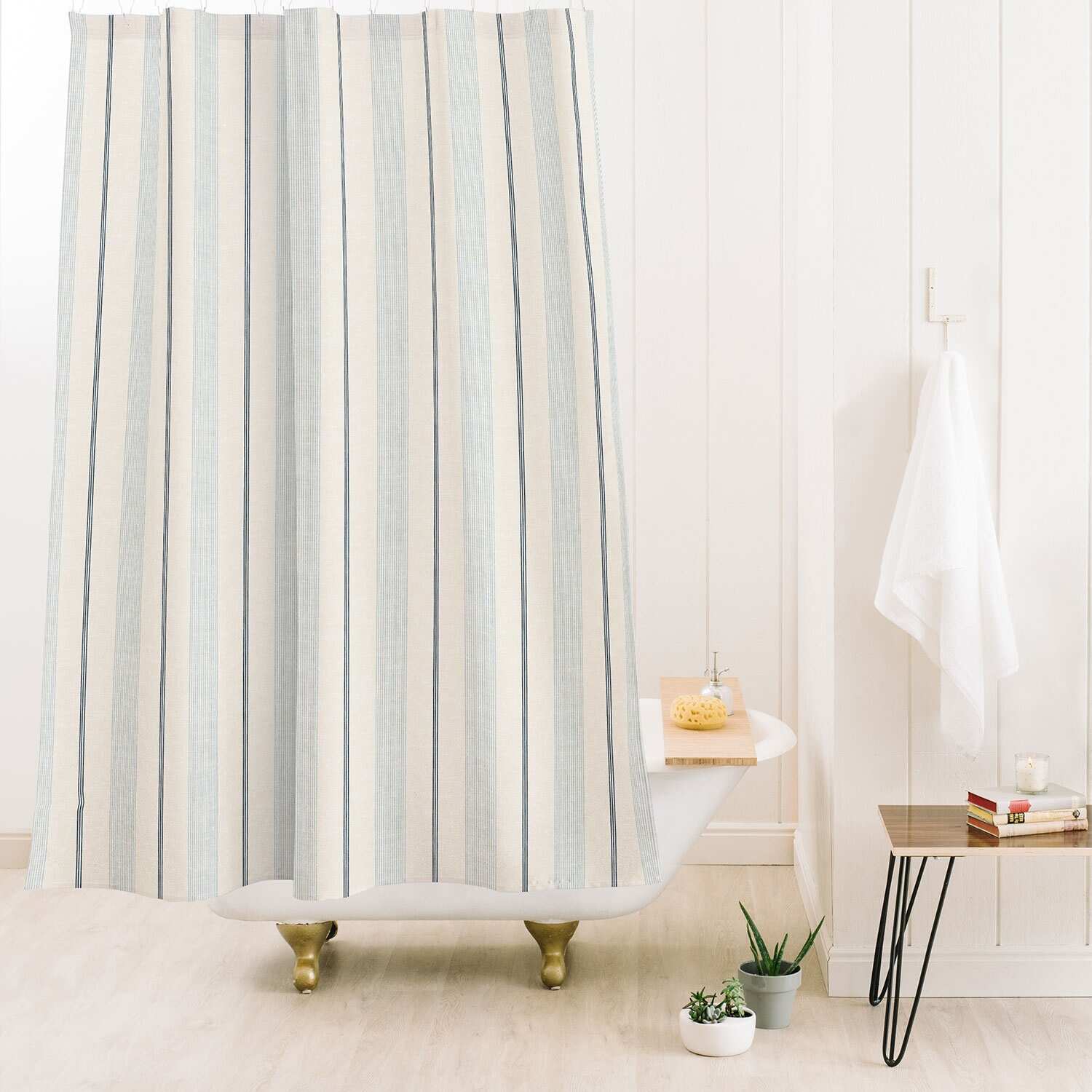 Little Arrow Design Co Ivy Stripes Cream Dusty Blue Made to Order Shower Curtain 71" x 74" with Liner - 71" x 74"