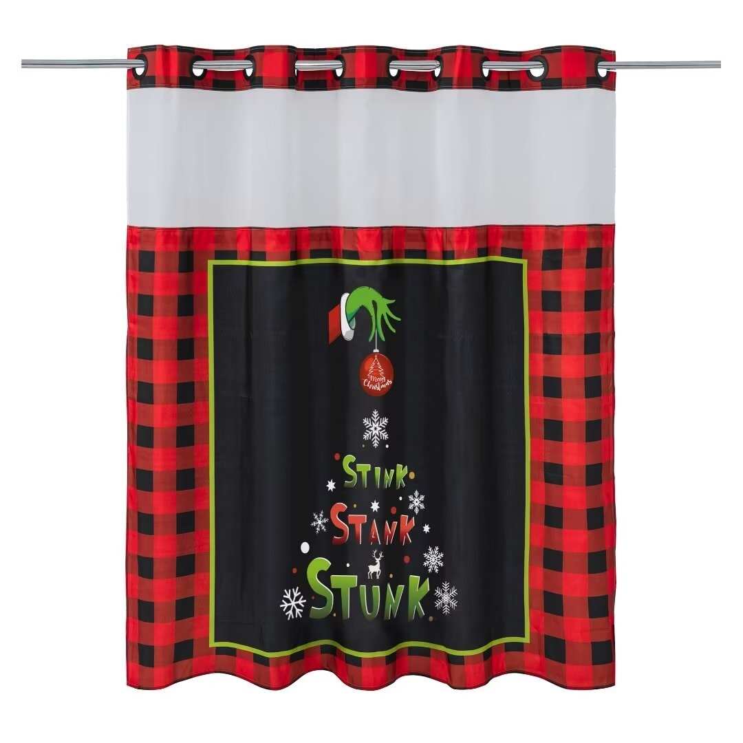 No Hook Christmas Shower Curtain with Snap-in Liner Set, Sheer Window