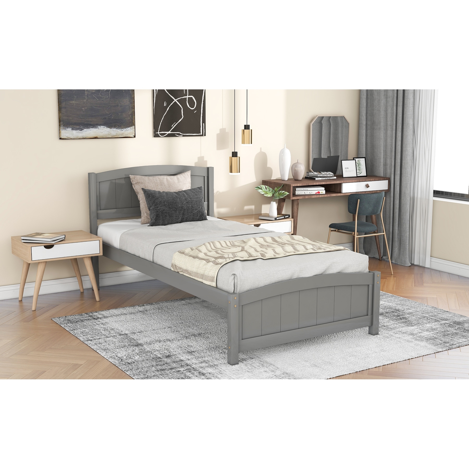 Modern Comfort Twin Bed Pine Wood Twin Platform Bed with Concise Headboard Footboard, Wood Slat Support&Under-bed Storage