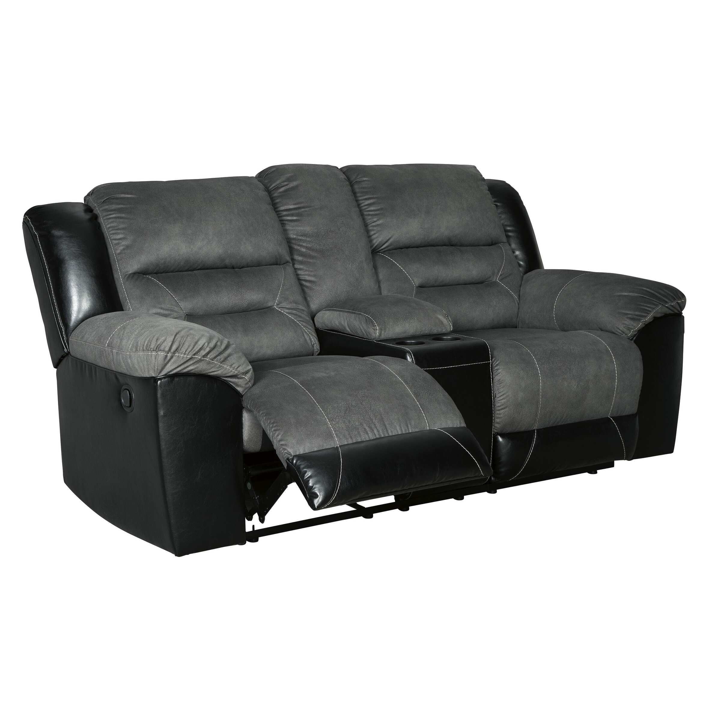 Wooden Dual Recliner Loveseat with Console and Cupholders, Black and Gray