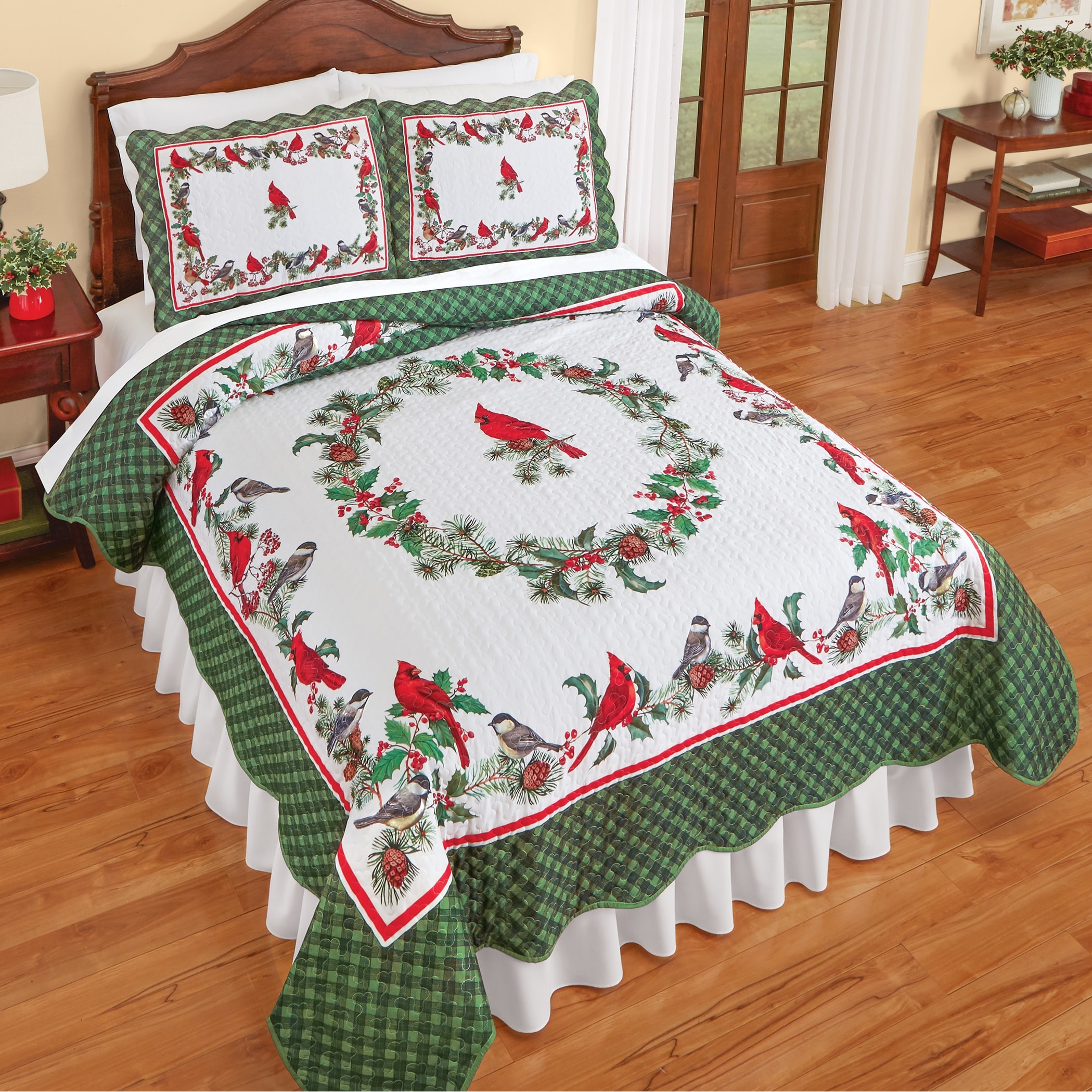 Festive Bird and Pine Reversible Holiday Quilt