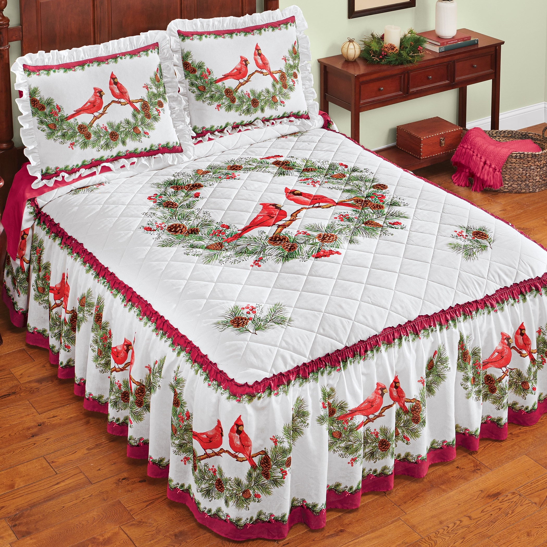 Ruffled Skirt Christmas Wreath and Cardinals Holiday Bedspread