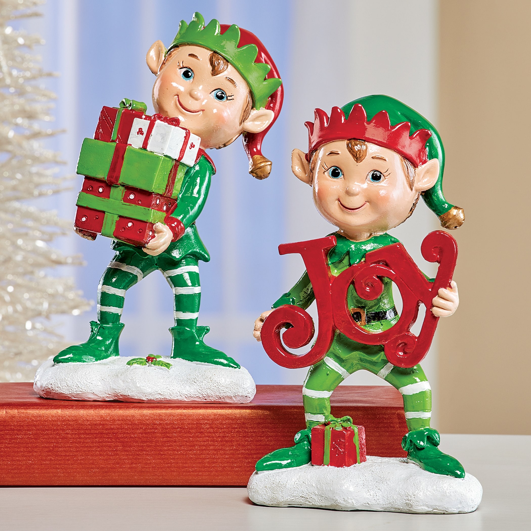 Set of 2 Holiday Elves Christmas Tabletop Figurines - 11.130 x 9.250 x 5.630