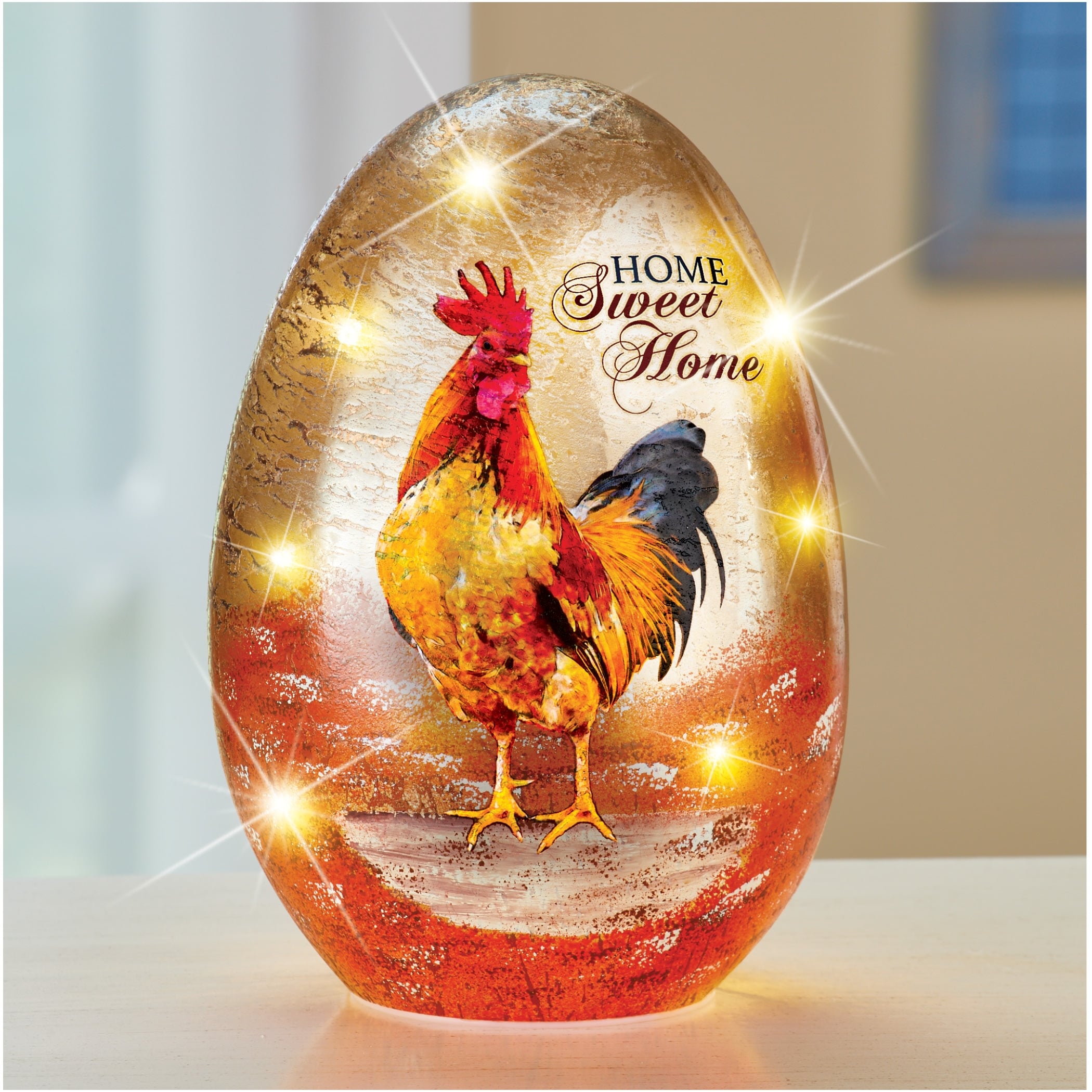 LED Lighted Colorful Rooster Tabletop Glass Egg - Large