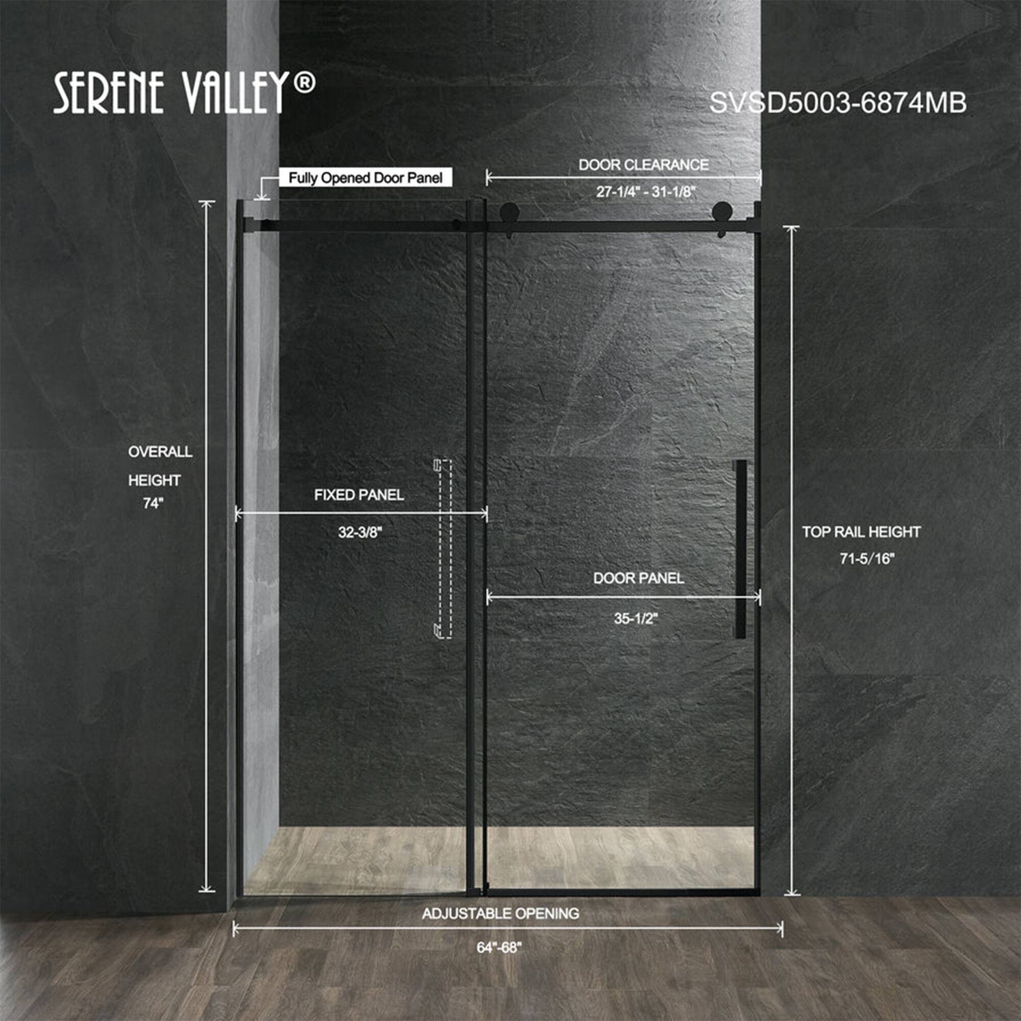 Serene Valley 68 x 74 Inch Square Rail Frameless Sliding Shower Door, Black - 68 x 74 inches