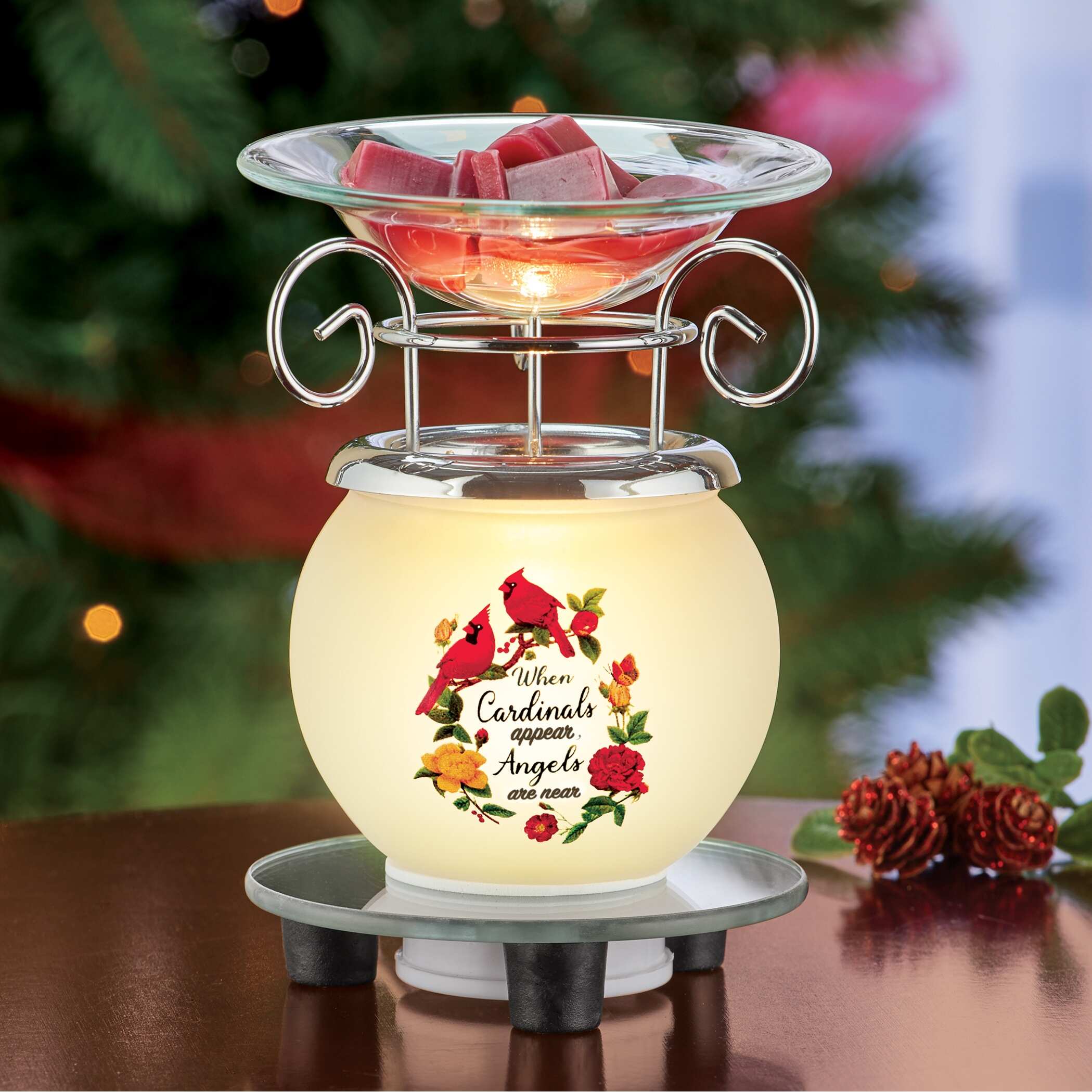 Frosted Glass Mirrored Base Cardinals and Angels Wax Warmer - 8.600 x 5.900 x 5.900