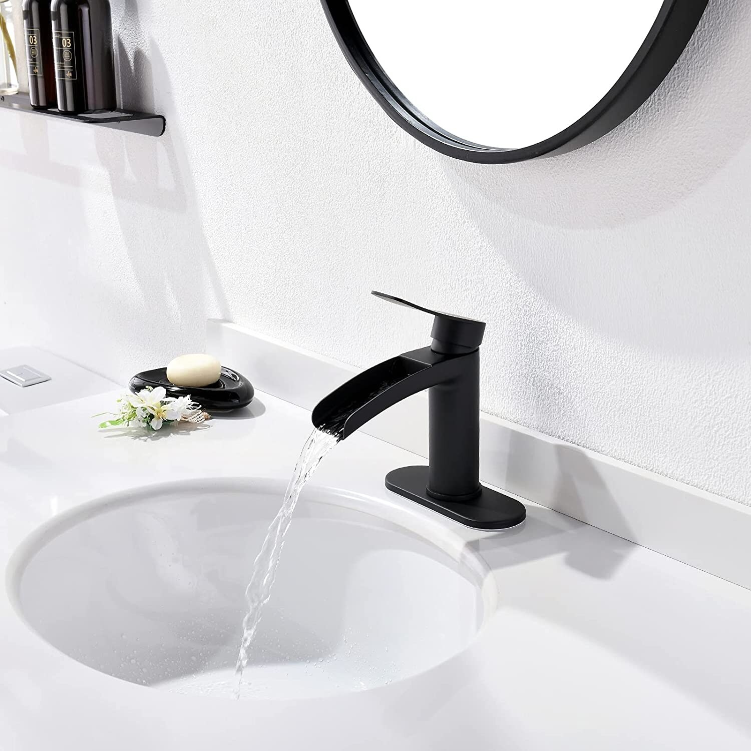 Waterfall Bathroom Sink Faucet Single Handle, with 4-Inch Deck Plate & Metal Pop Up Drain Assembly by phiestina