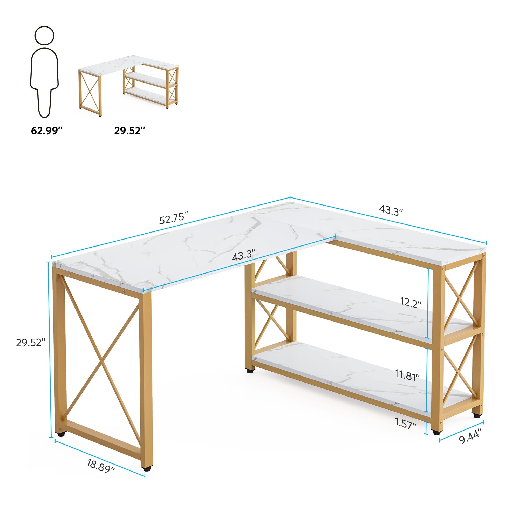 Reversible Industrial L-Shaped Computer Desk with Storage Shelves